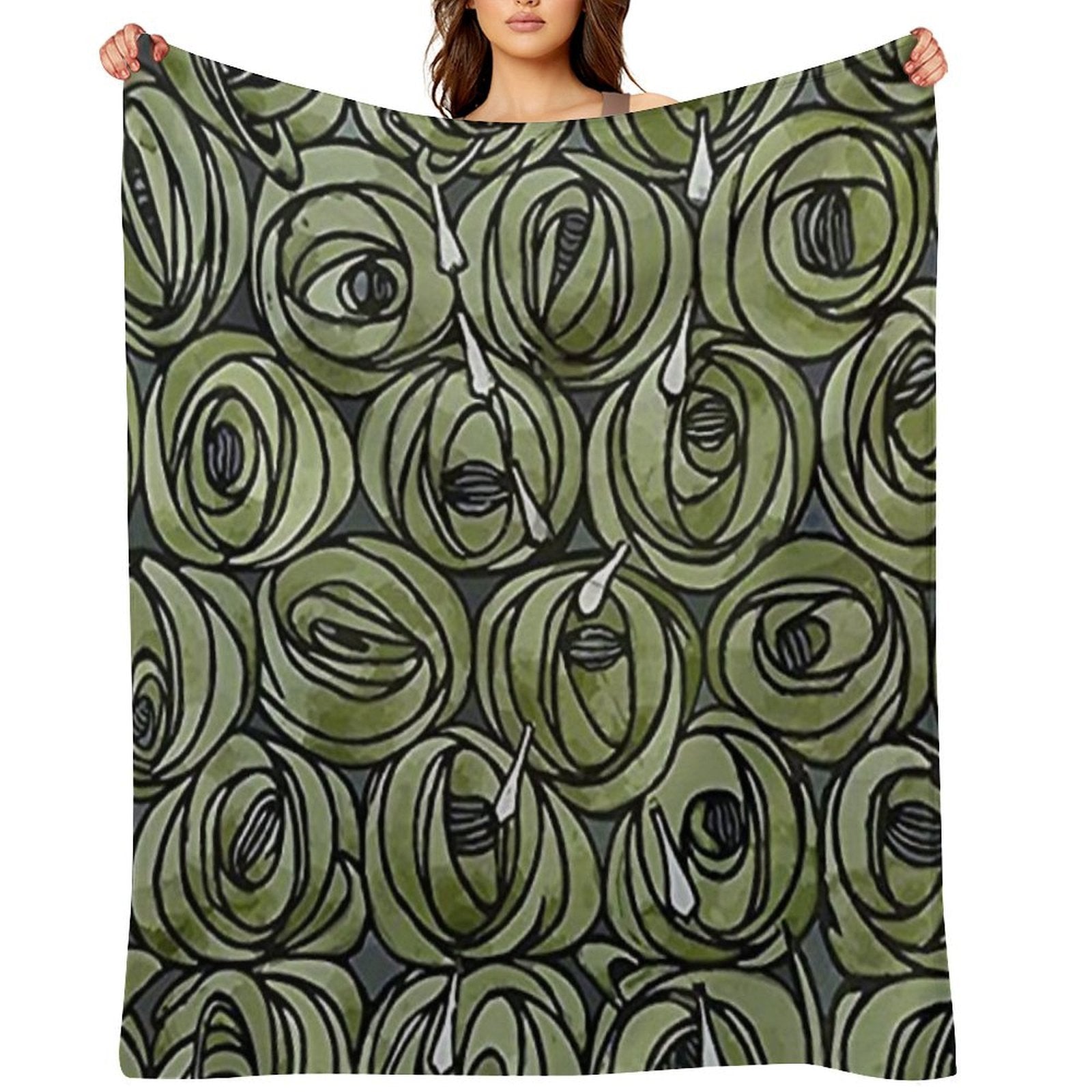 Charles Rennie Mackintosh - Roses  Teardrops, Olive Green Plush Throw Blanket