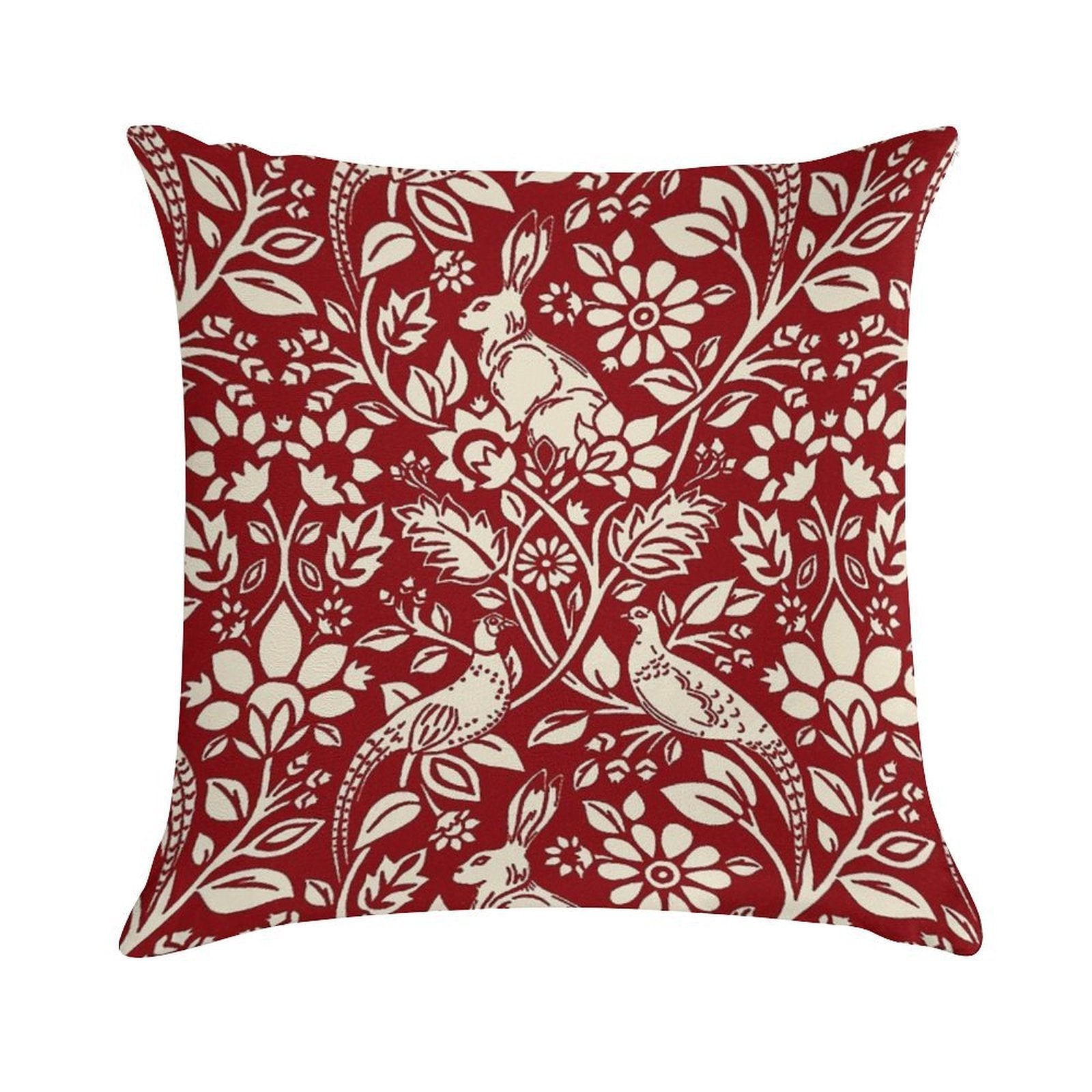 Pheasant And Hare Pattern, Deep Red And Cream Soft Bedroom Essential Throw Pillow