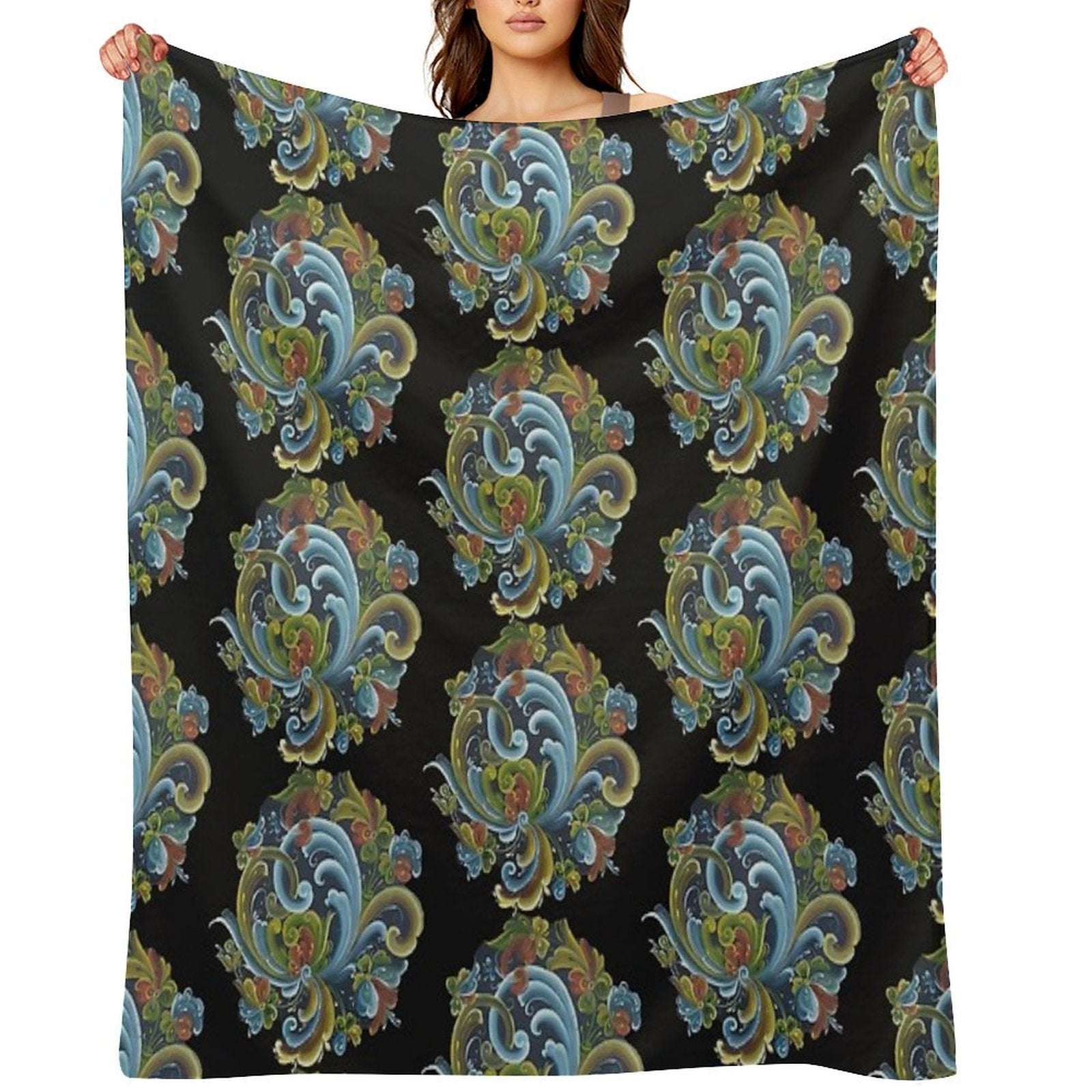 Traditional Norwegian Telemark Rosemaling Plush Throw Blanket