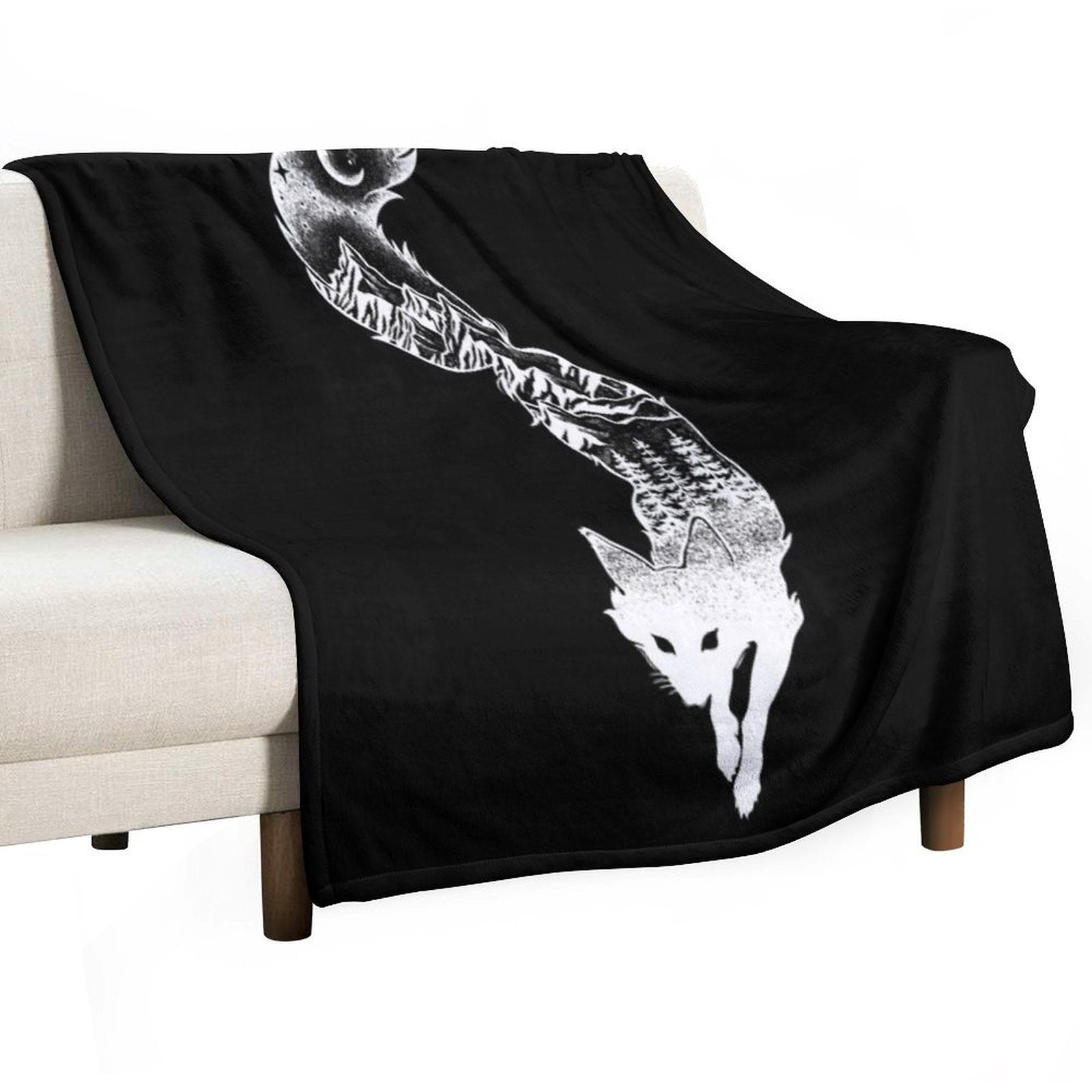 Fox Silhouette with Mountains, Trees & Moon T-Shirt Gift-ready Throw Blanket