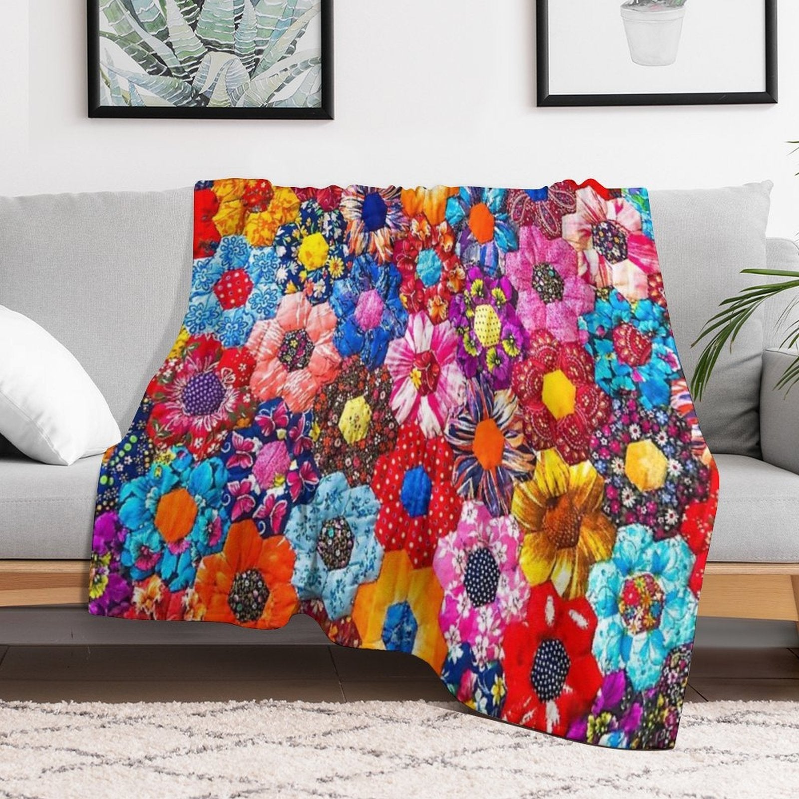 Colorful Patchwork Shower Curtain – Boho Abstract Quilt Design for Bathroom Decor Lightweight Throw Blanket
