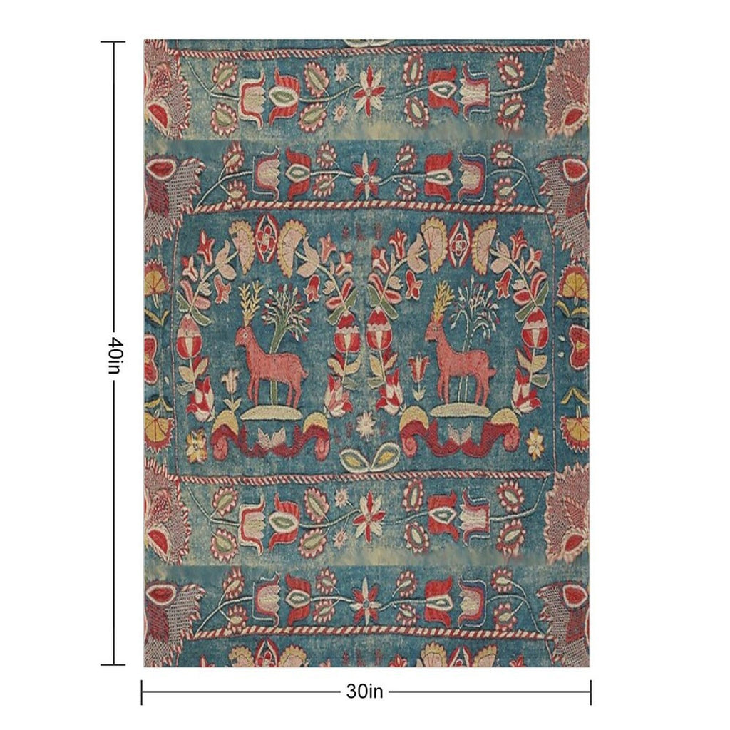 ANTIQUE  RED BLUE SWEDISH TAPESTRY WITH DEERS AND FLOWERS All-season Throw Blanket