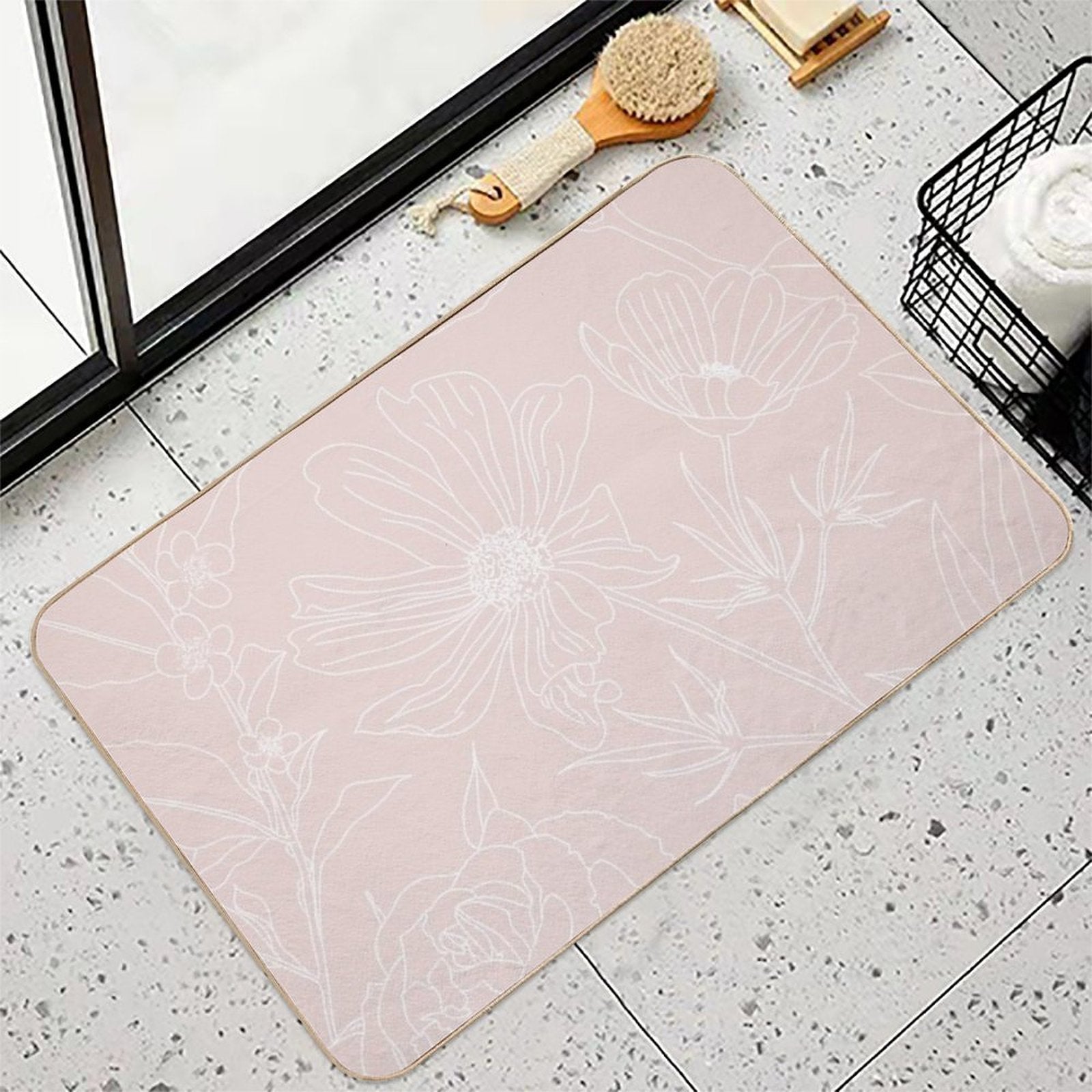 Trendy White Flowers Outlines Blush Pink Design  Dirt-Trapping Bath Mat