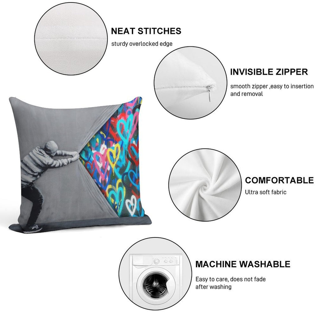Behind The Curtain Graffiti Hearts Spray Paint Art Soft Easy Maintenance Throw Pillow
