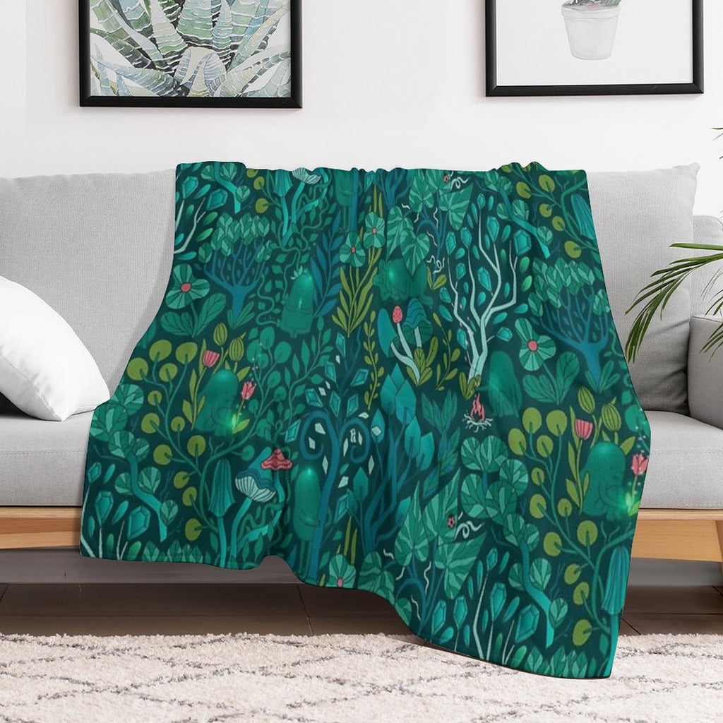 Emerald Forest Keepers. Fairy Woodland Creatures. Tree, Plants And Mushrooms Shrink-resistant Throw Blanket