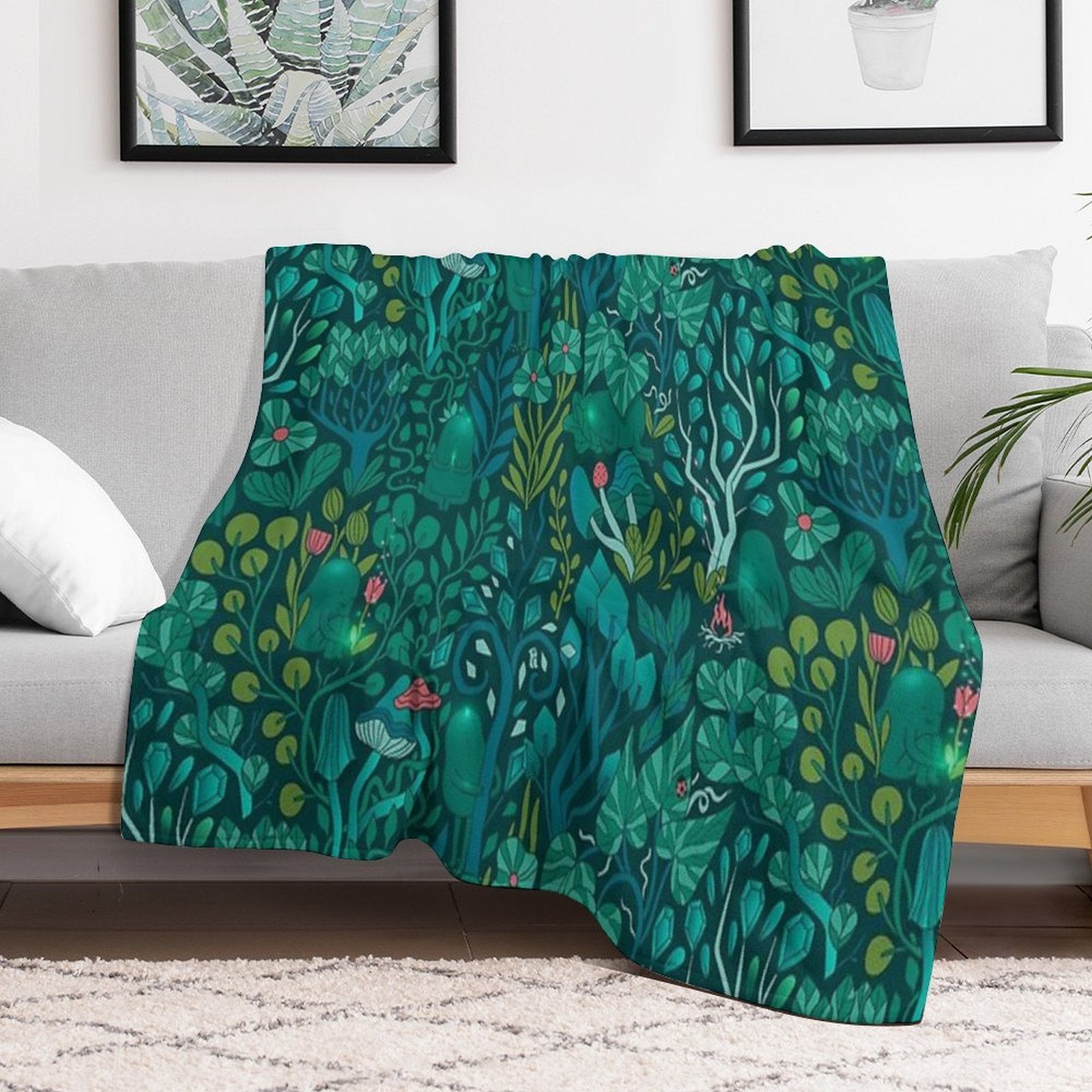 Emerald Forest Keepers. Fairy Woodland Creatures. Tree, Plants And Mushrooms Shrink-resistant Throw Blanket