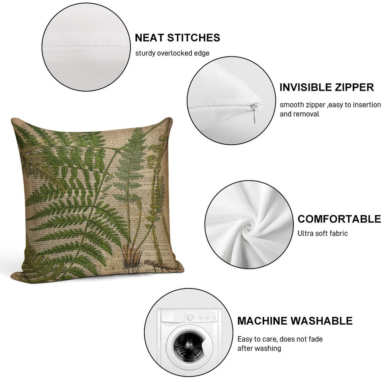 Vintage Foliage Hipster Botanical Print Fern Leaves Soft Multiple Sizes Throw Pillow