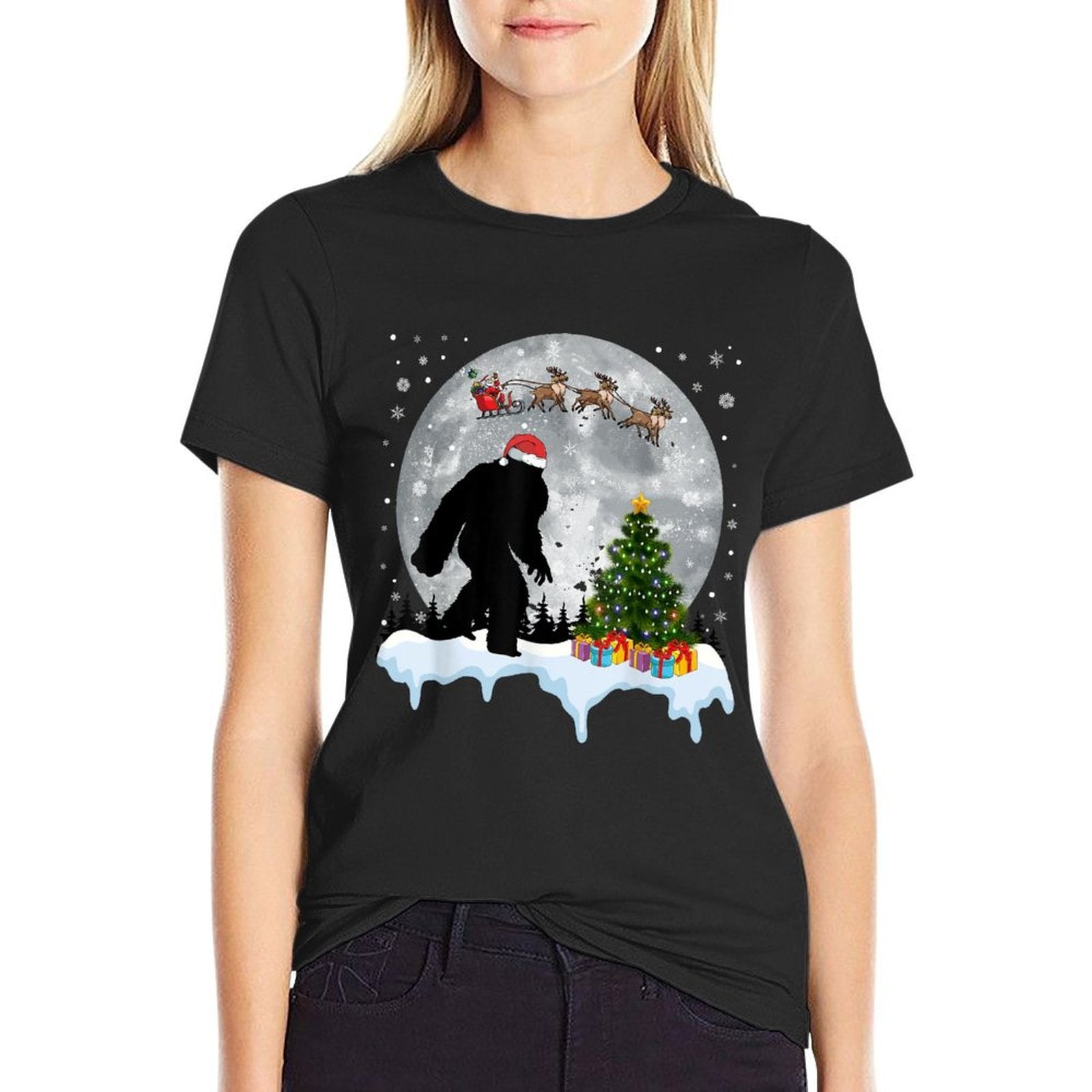 Christmas Bigfoot Santa Tree Sleigh Moon Reindeer Snow  Slim-fit Cut T-Shirt