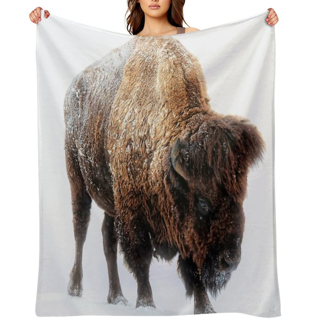 An American Bison Moves Through A Winter Snowstorm Versatility Throw Blanket