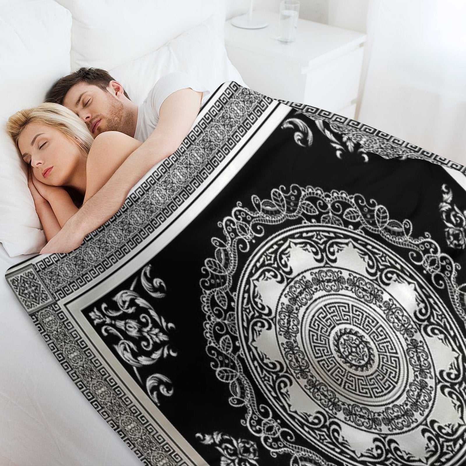 Baroque Ornate Cream And Black Greek Key Compact Throw Blanket