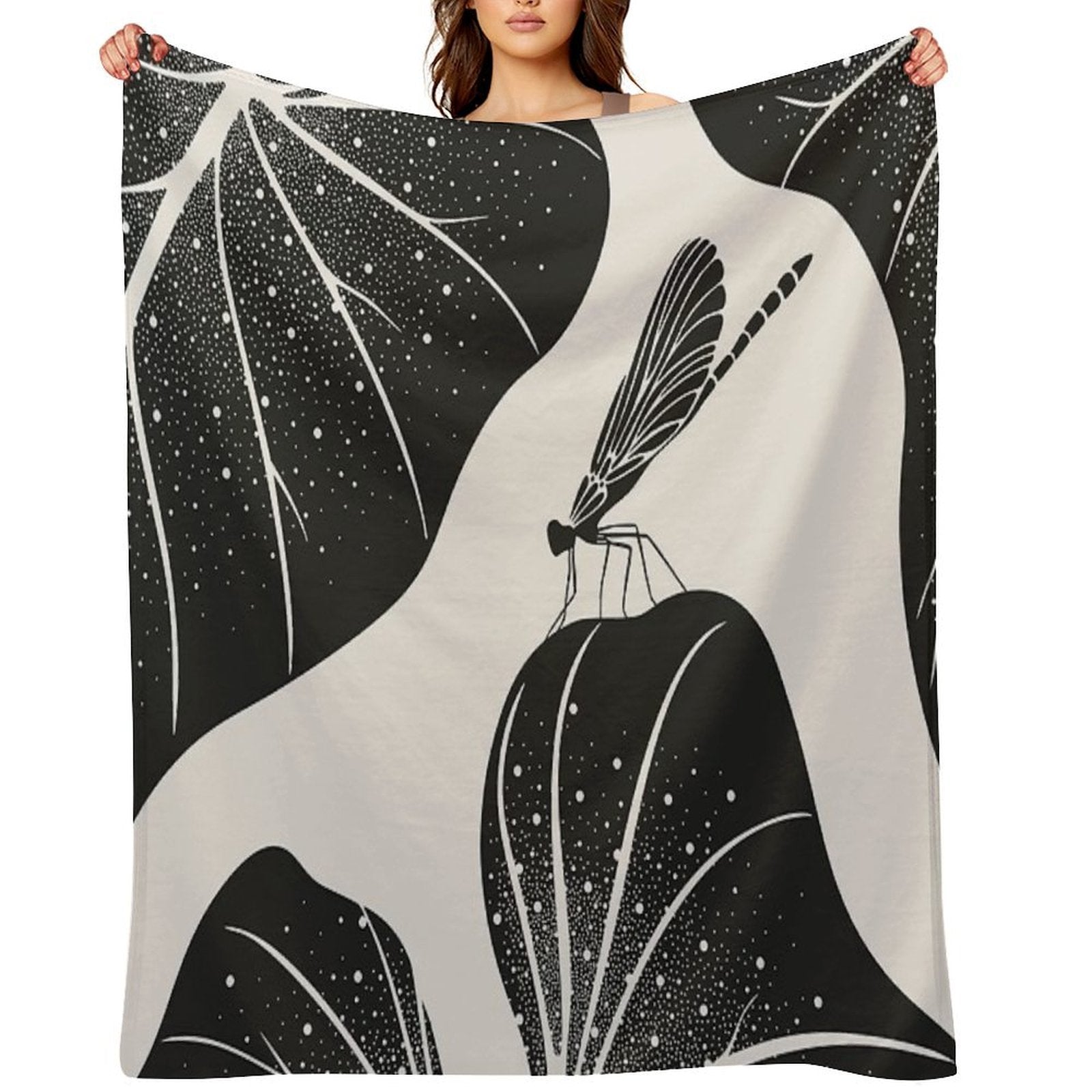 Dragonfly on Leaf with Water Drops, Minimalist Illustration Anti-pilling Throw Blanket