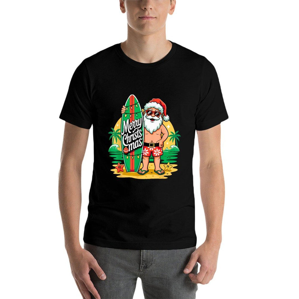 Santa Surfing Hawaiian Beach Christmas in July Tropical Xmas  Fade-proof Color T-Shirt