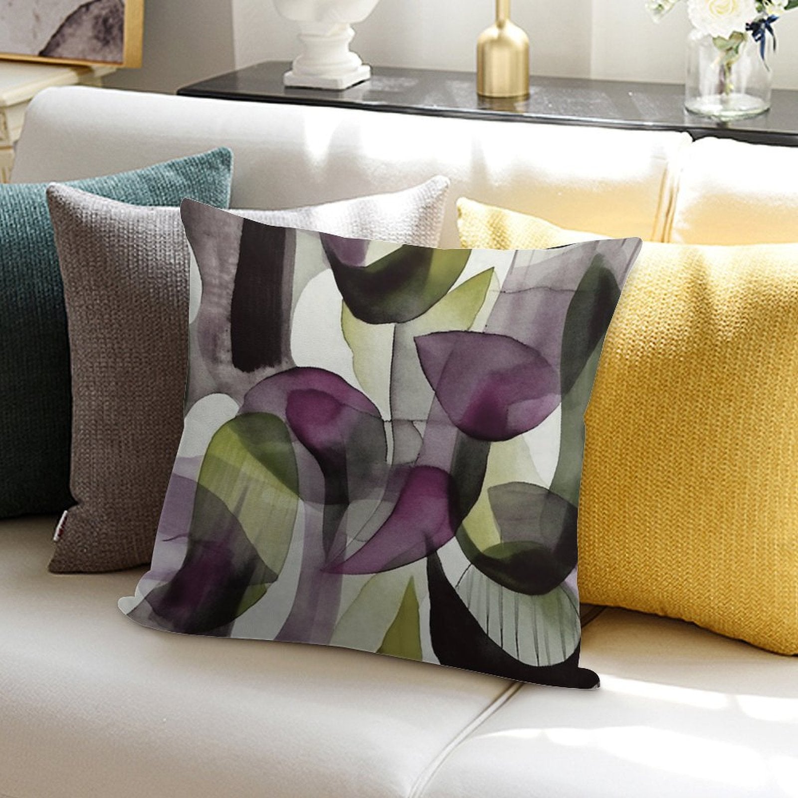 Abstract Watercolor in Purple And Green Soft Shrink-Resistant Throw Pillow