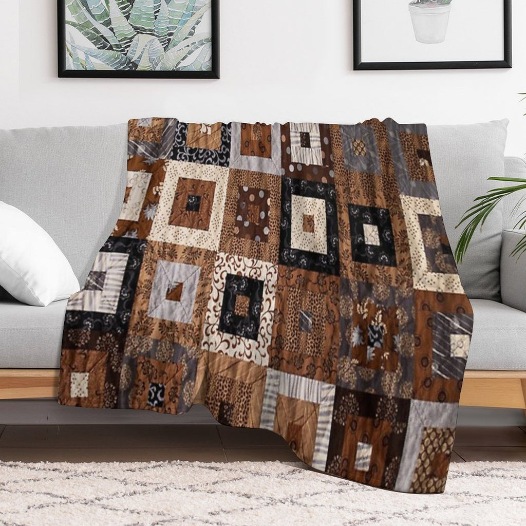 Classic Retro Brown Quilted Patchwork Quilting Pattern Mosaic Motif Compact Throw Blanket