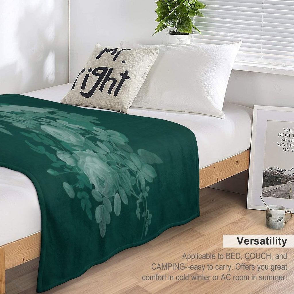 Dark Green Floral Collage, Bottle Green Monochrome Roses Bouquet Shrink-resistant Throw Blanket
