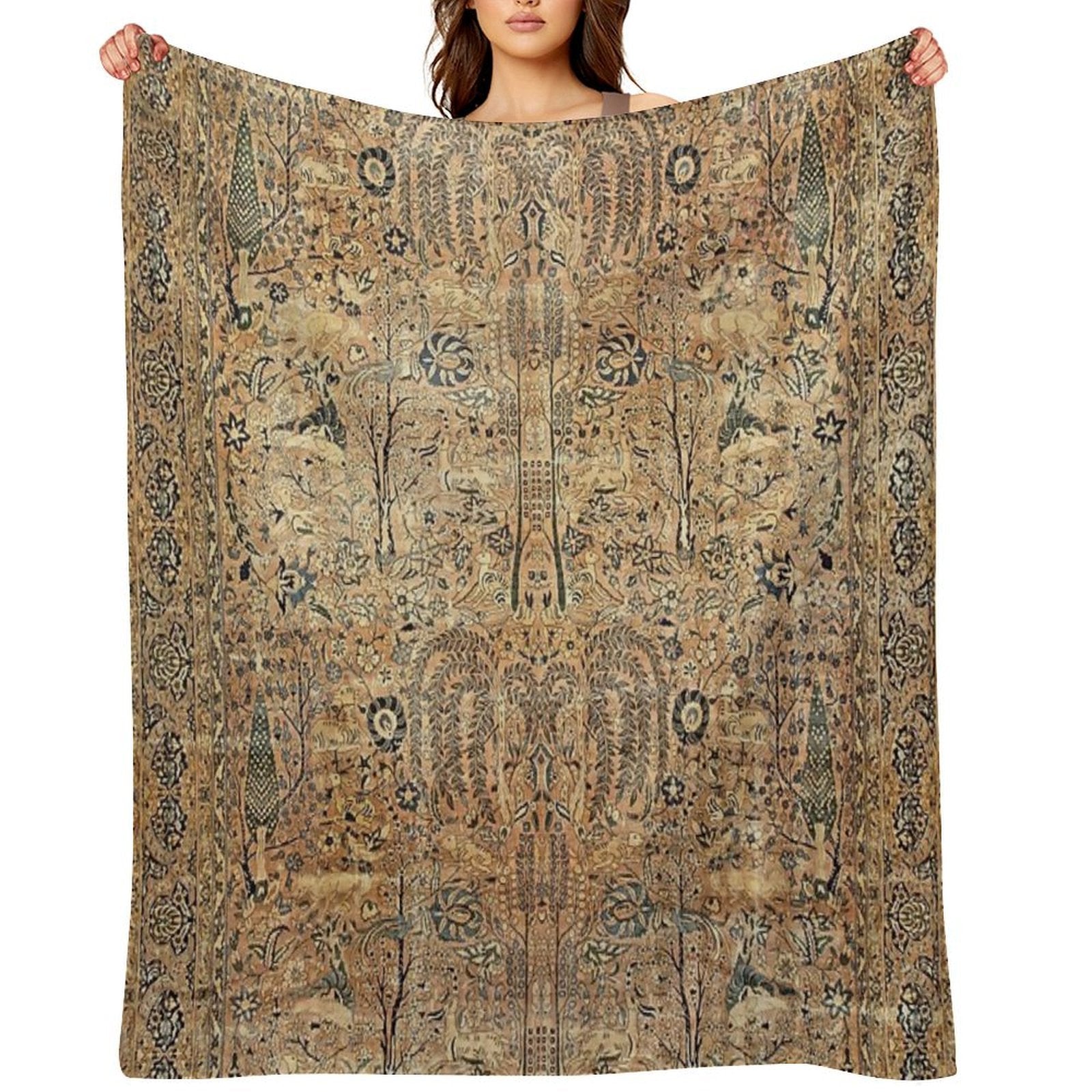 Antique Persian Kirman Garden Rug with Animals Print Durable Throw Blanket