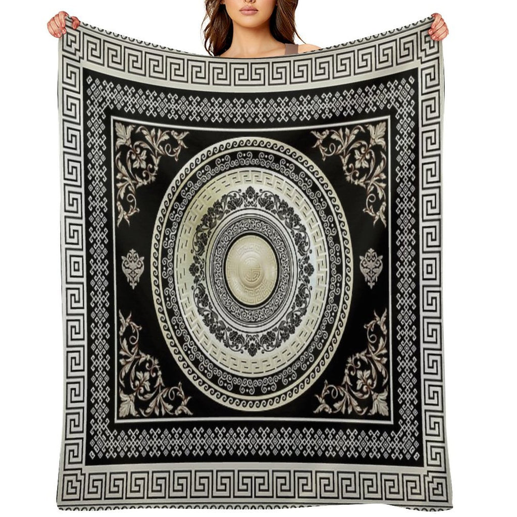 Greek Key Meander Cream Black Medallion Ornate Baroque Travel-friendly Throw Blanket