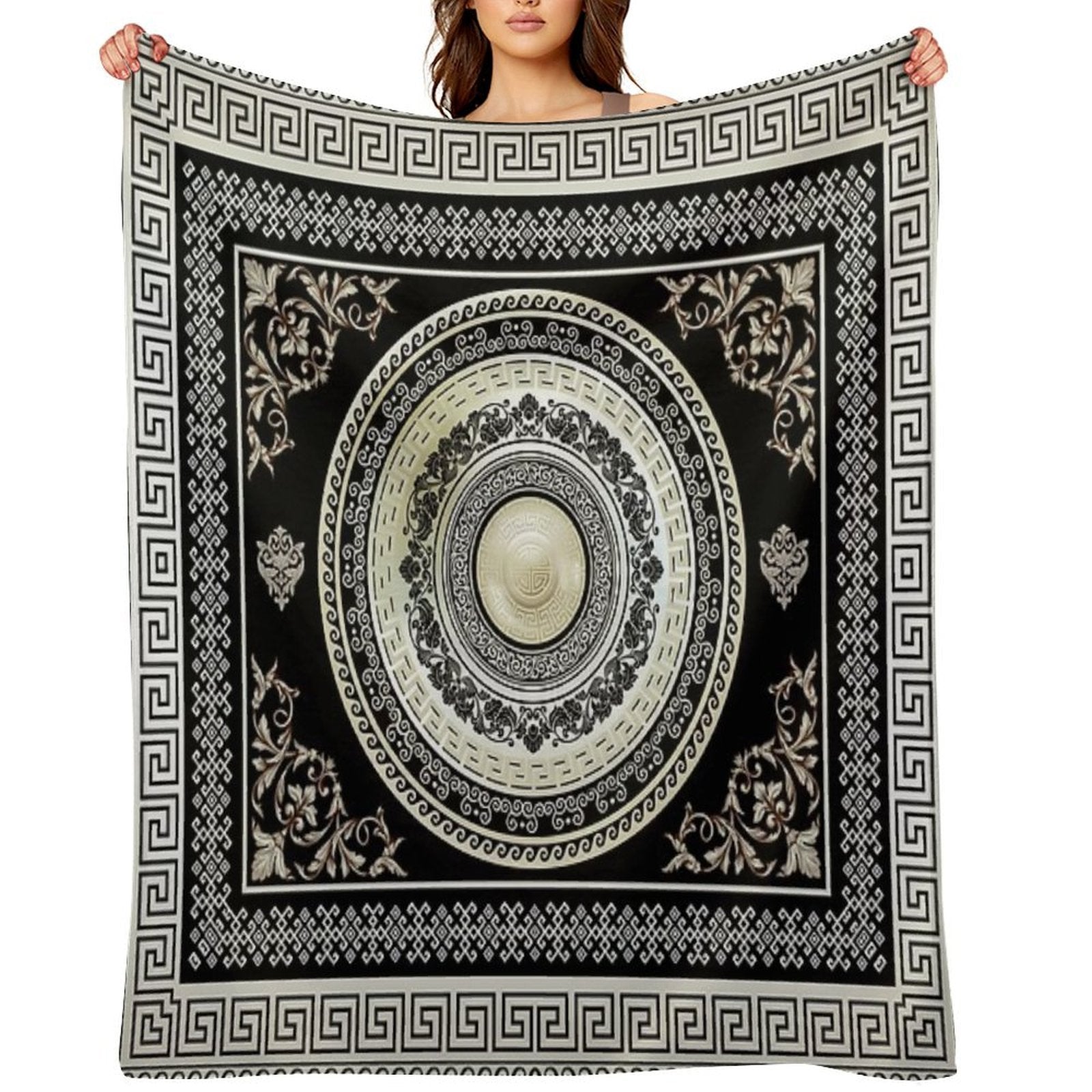 Greek Key Meander Cream Black Medallion Ornate Baroque Travel-friendly Throw Blanket