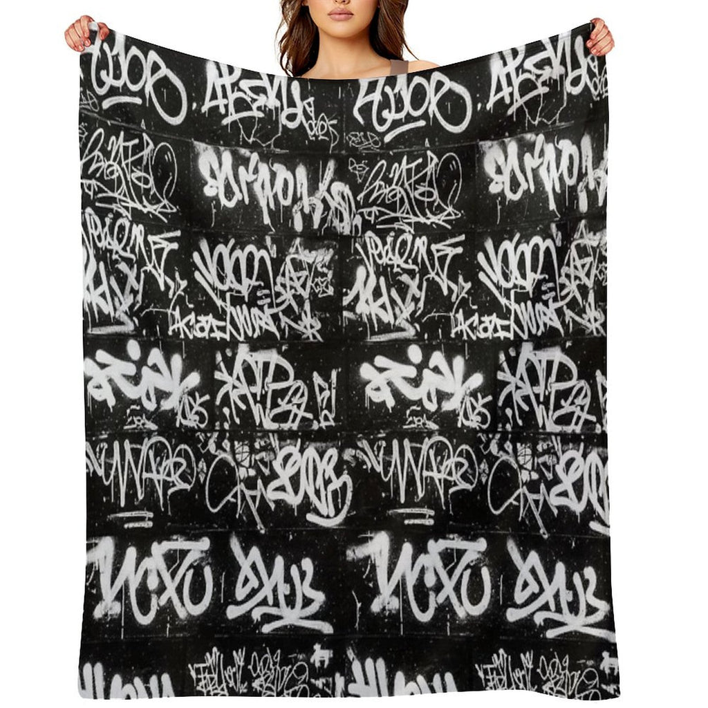 White Graffiti Tags on Black Wall Mural Durable Throw Blanket