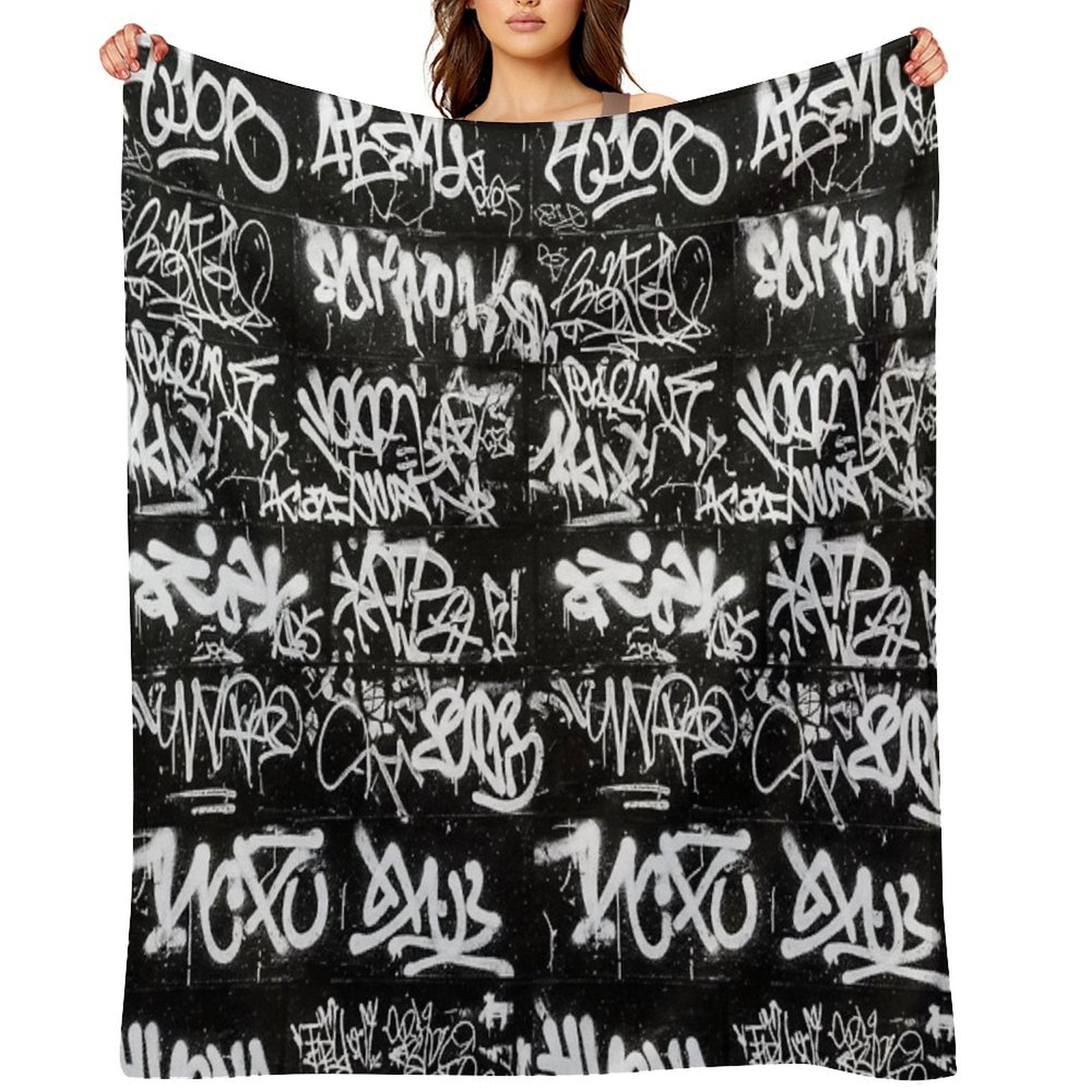White Graffiti Tags on Black Wall Mural Durable Throw Blanket