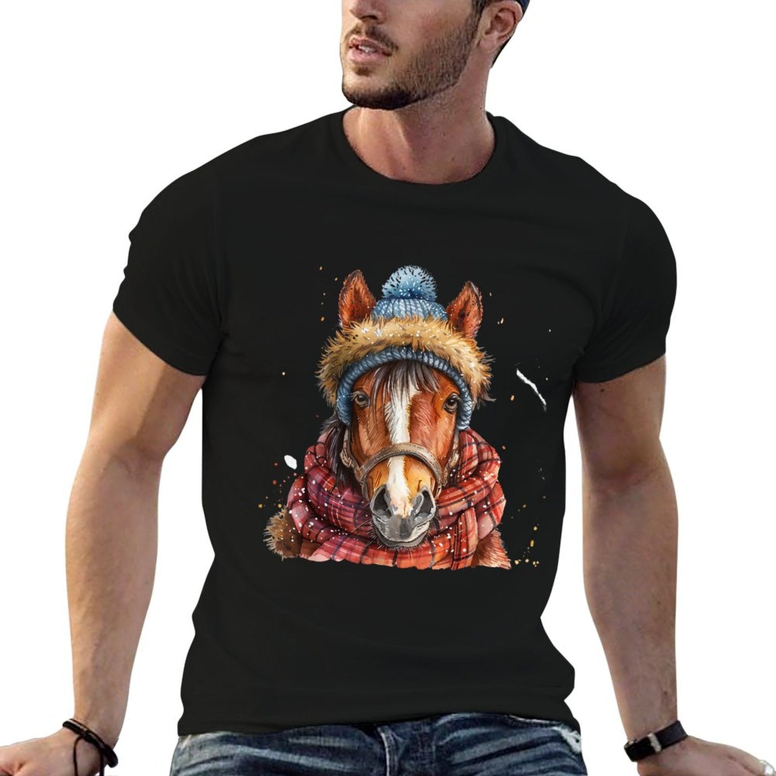 Merry Christmas Gifts For The Whole Family Unisex Adult Equestrian Horse Portrait Christmas Horseback Riding  Eco-friendly Material T-Shirt
