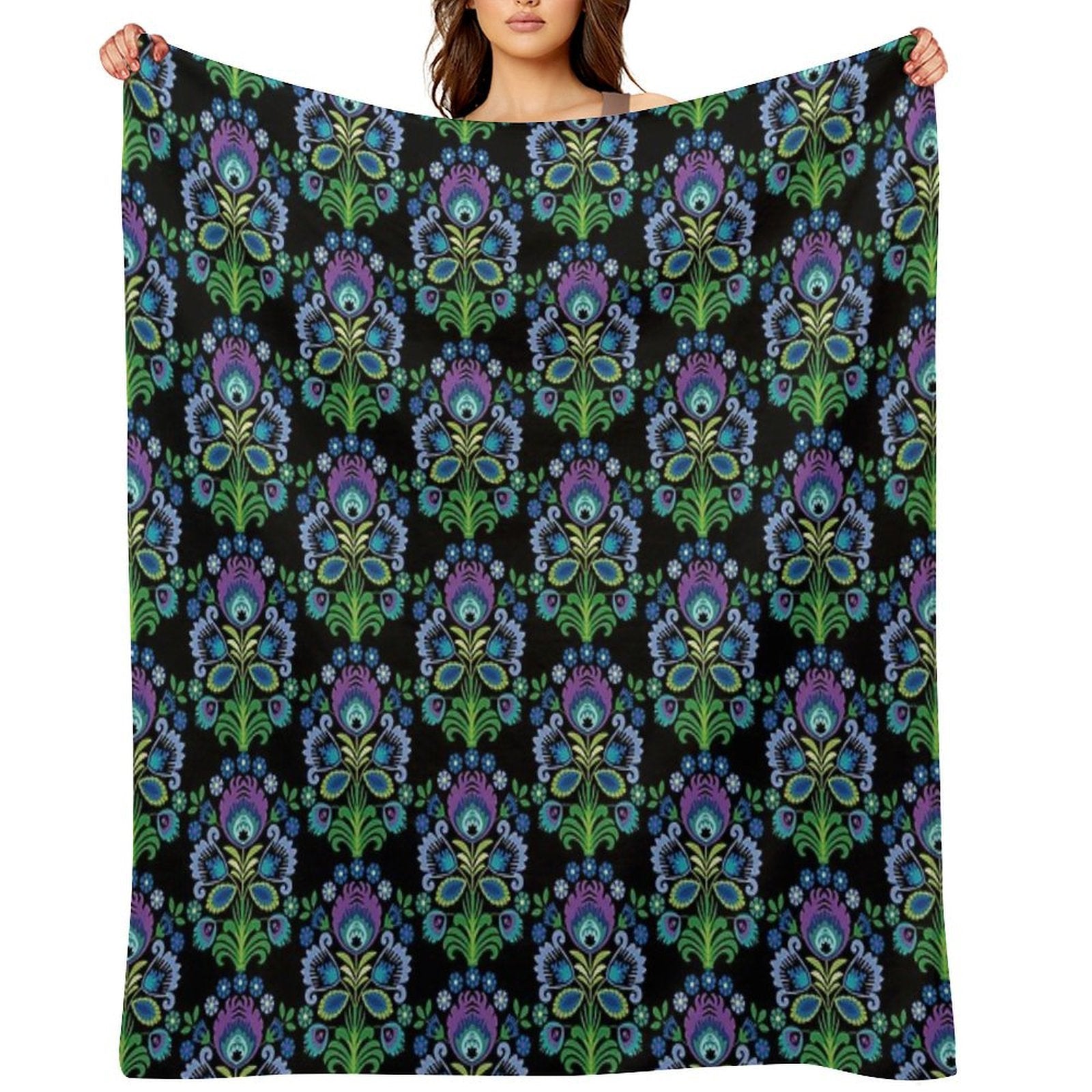Polish Folk Flowers Purple on Black Shrink-resistant Throw Blanket