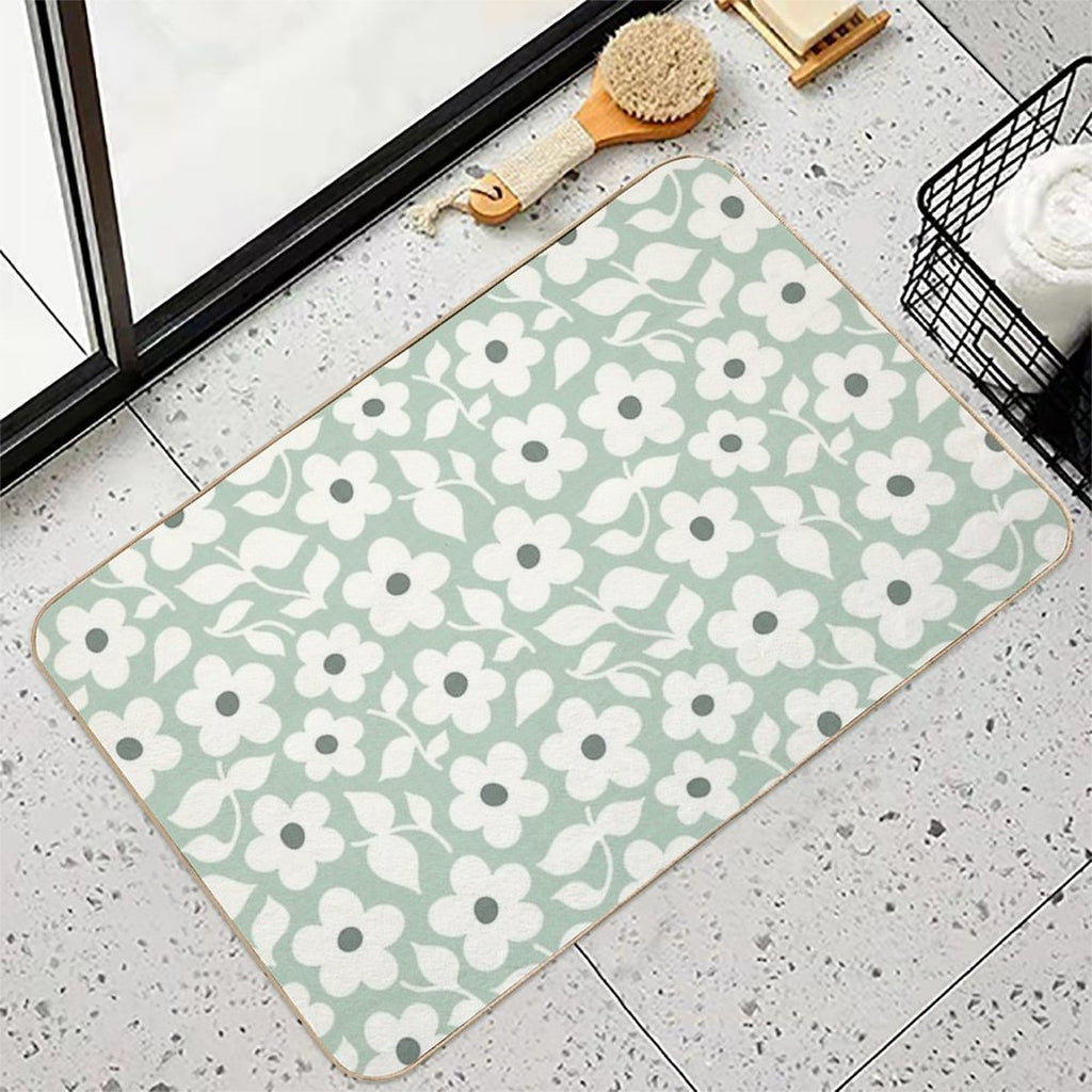 Bold Retro Daisy Flowers – Sage Green – Playful Floral Design  Absorbent Bath Mat