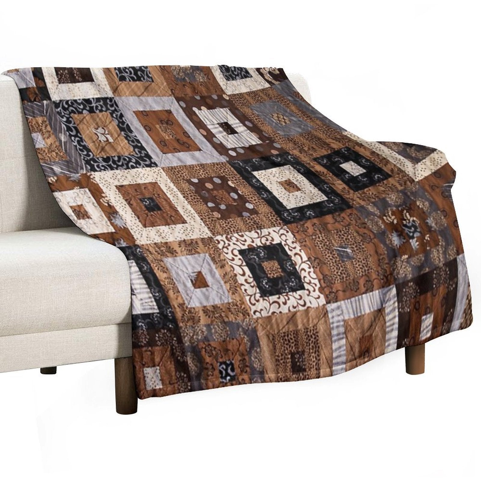 Classic Retro Brown Quilted Patchwork Quilting Pattern Mosaic Motif Compact Throw Blanket