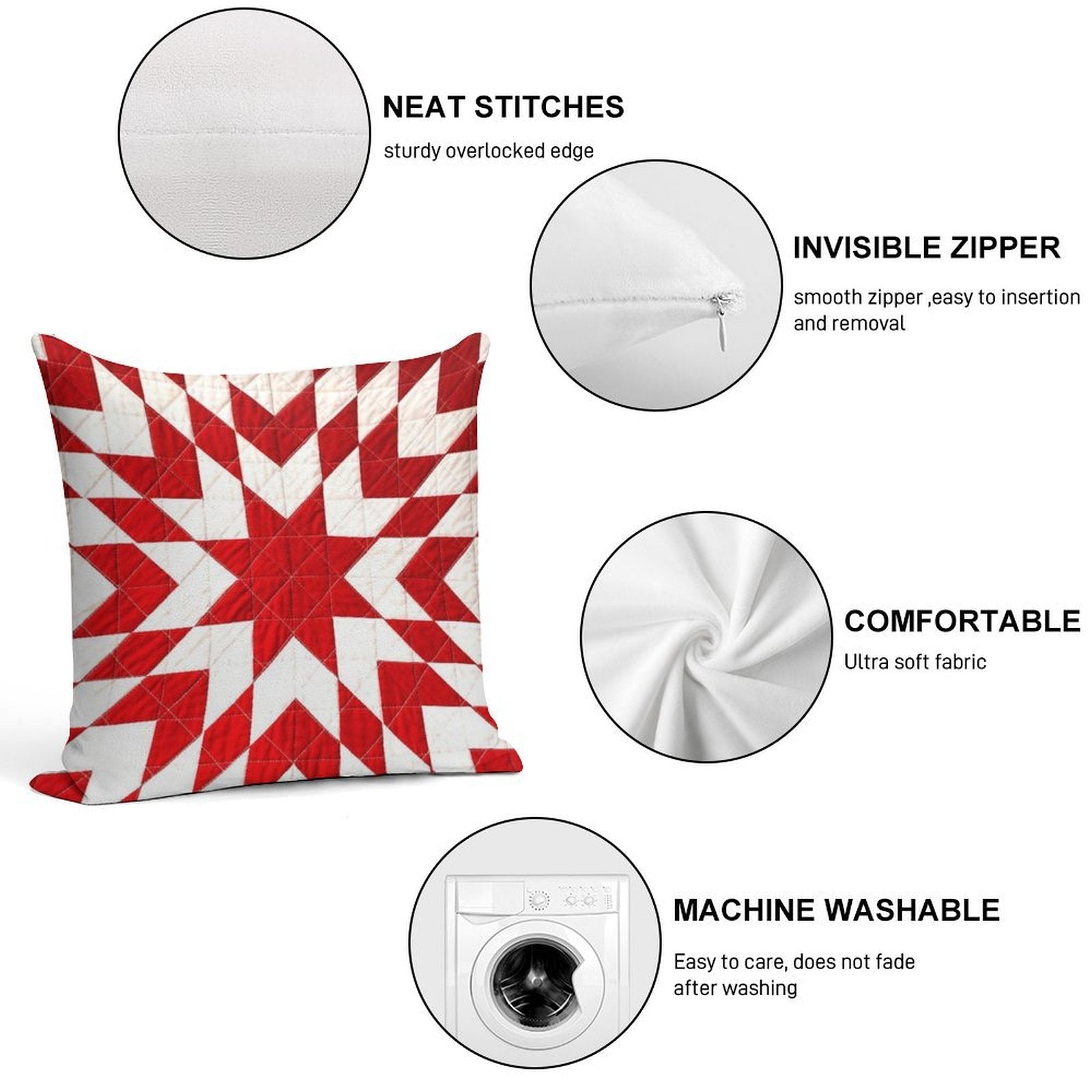 Red And White Lone Star Quilt Soft Gift Ready Throw Pillow