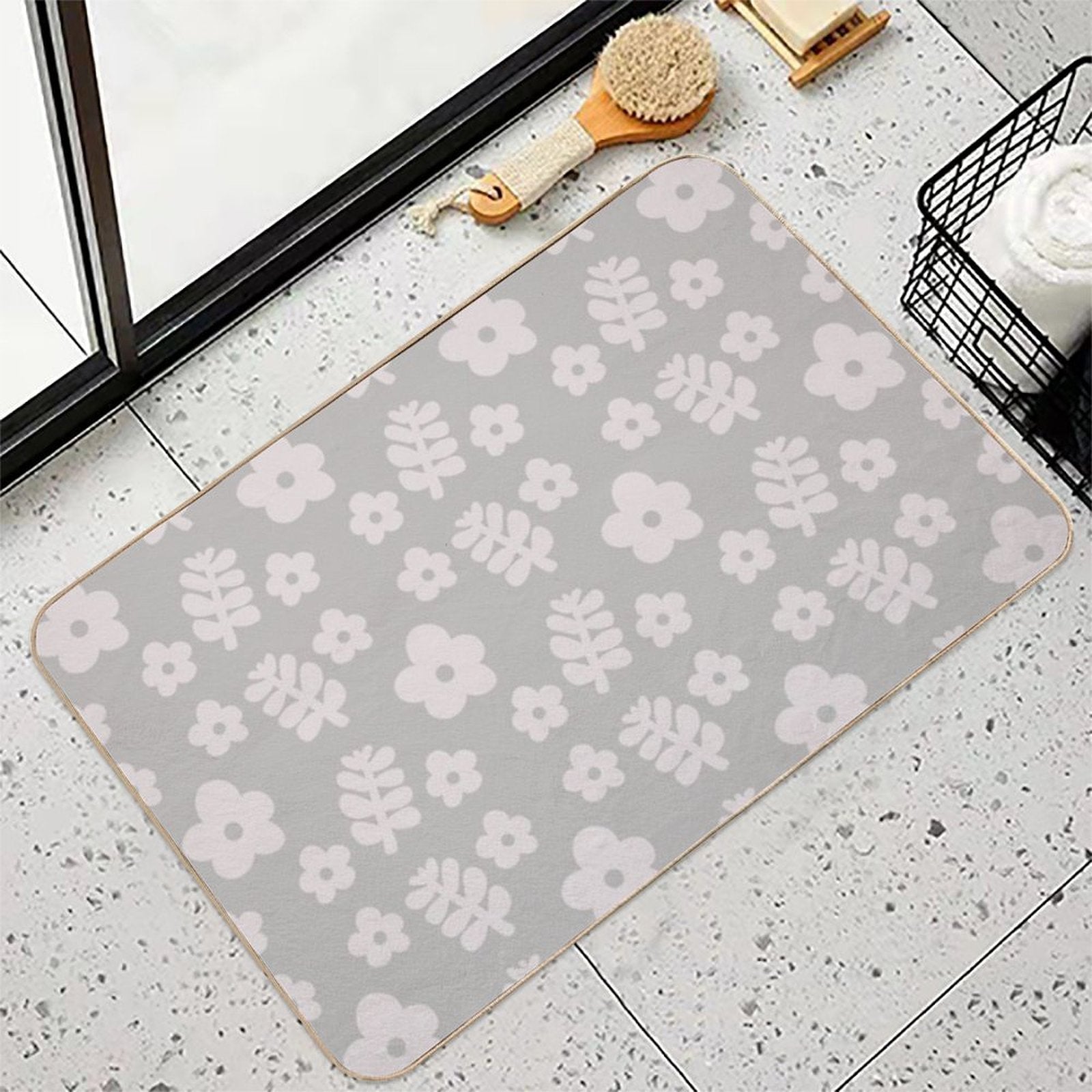 Mid Century Modern Flowers & Leaves, Cute Retro Pattern, Taupe  Slip-Resistant Bath Mat