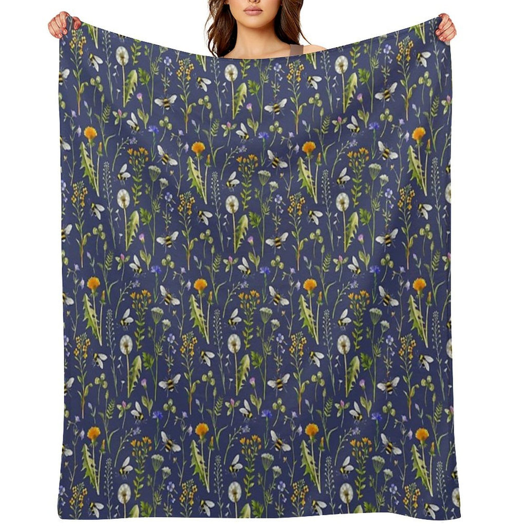 Bees And Wildflowers  Dark Blue Machine-washable Throw Blanket