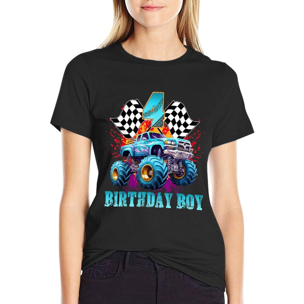 4 Year Old 4th Birthday Boys Monster Truck Car  Fade-proof Color T-Shirt