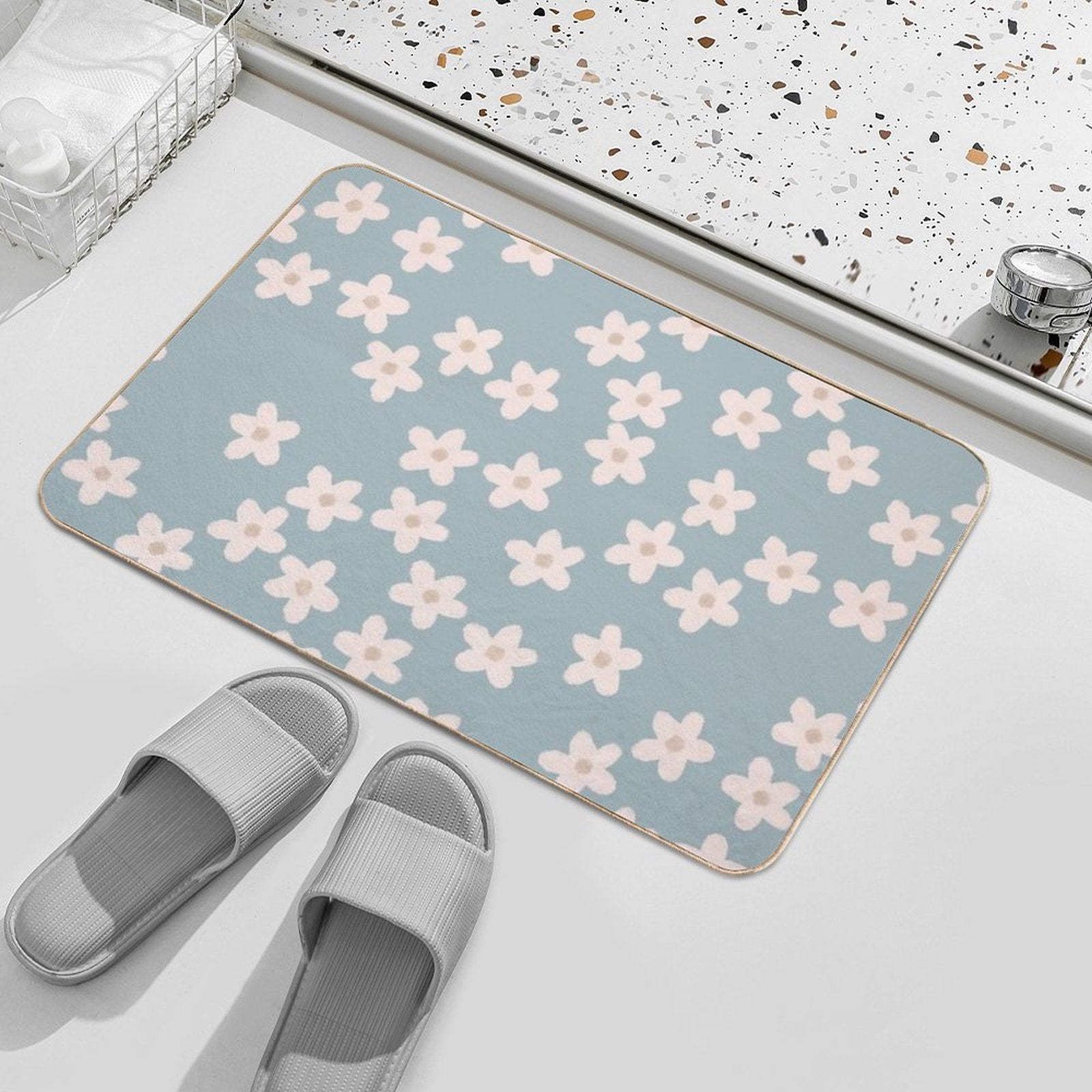 Spring Floral Daisy Print in Pastel Blue  Repositionable Bath Mat