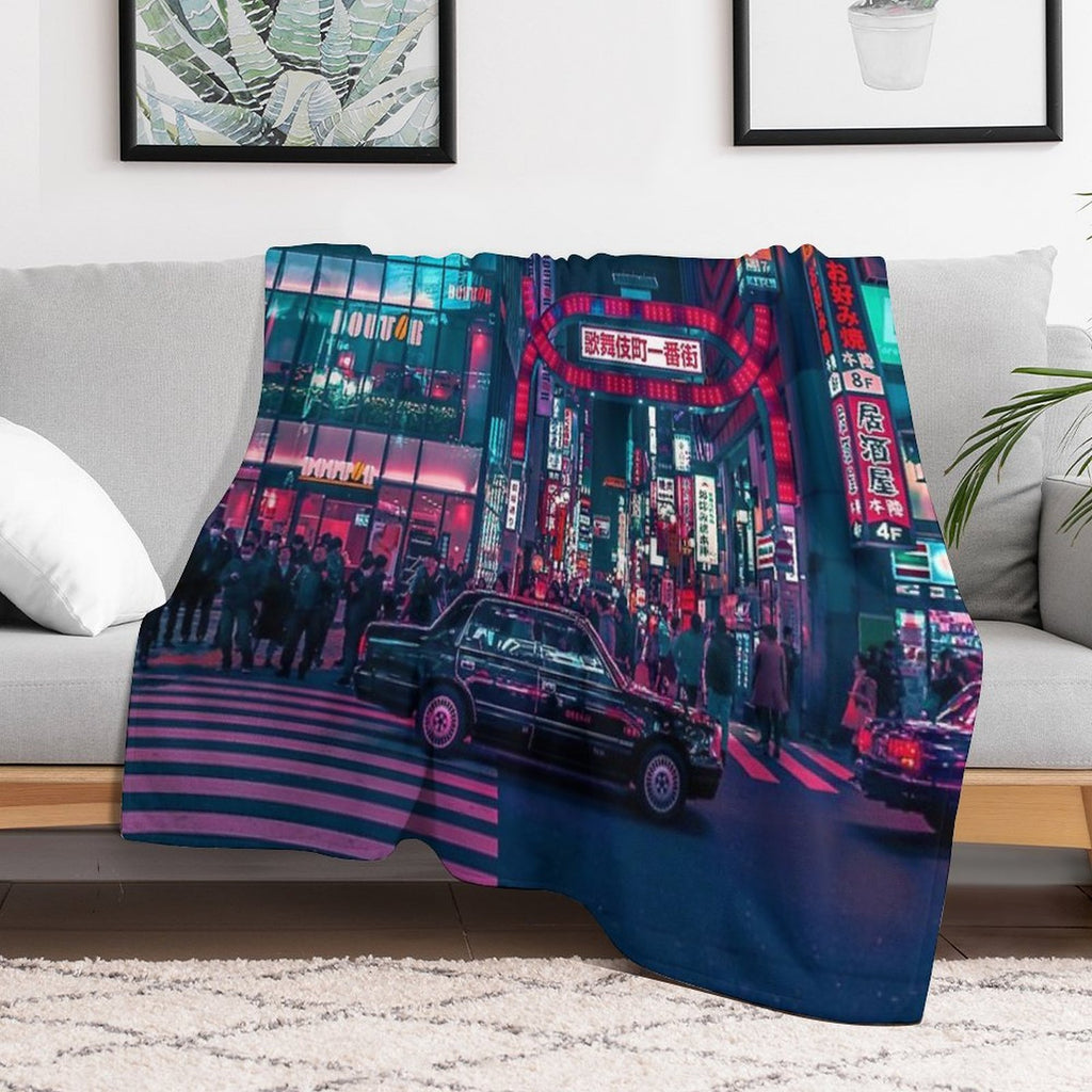 Cyberpunk Tokyo Street Travel-friendly Throw Blanket