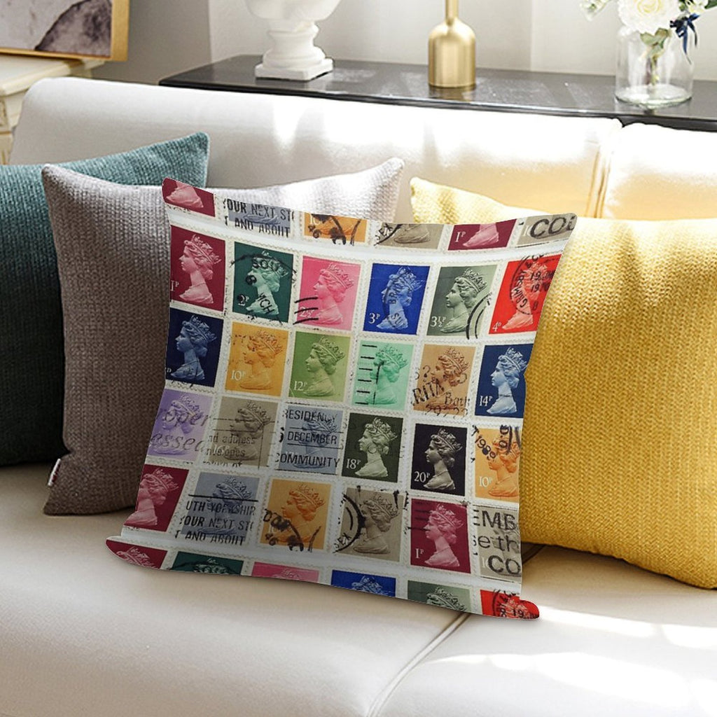 British Postage Stamps with A Queen Elizabeth Profile. Soft Luxury Feel Throw Pillow