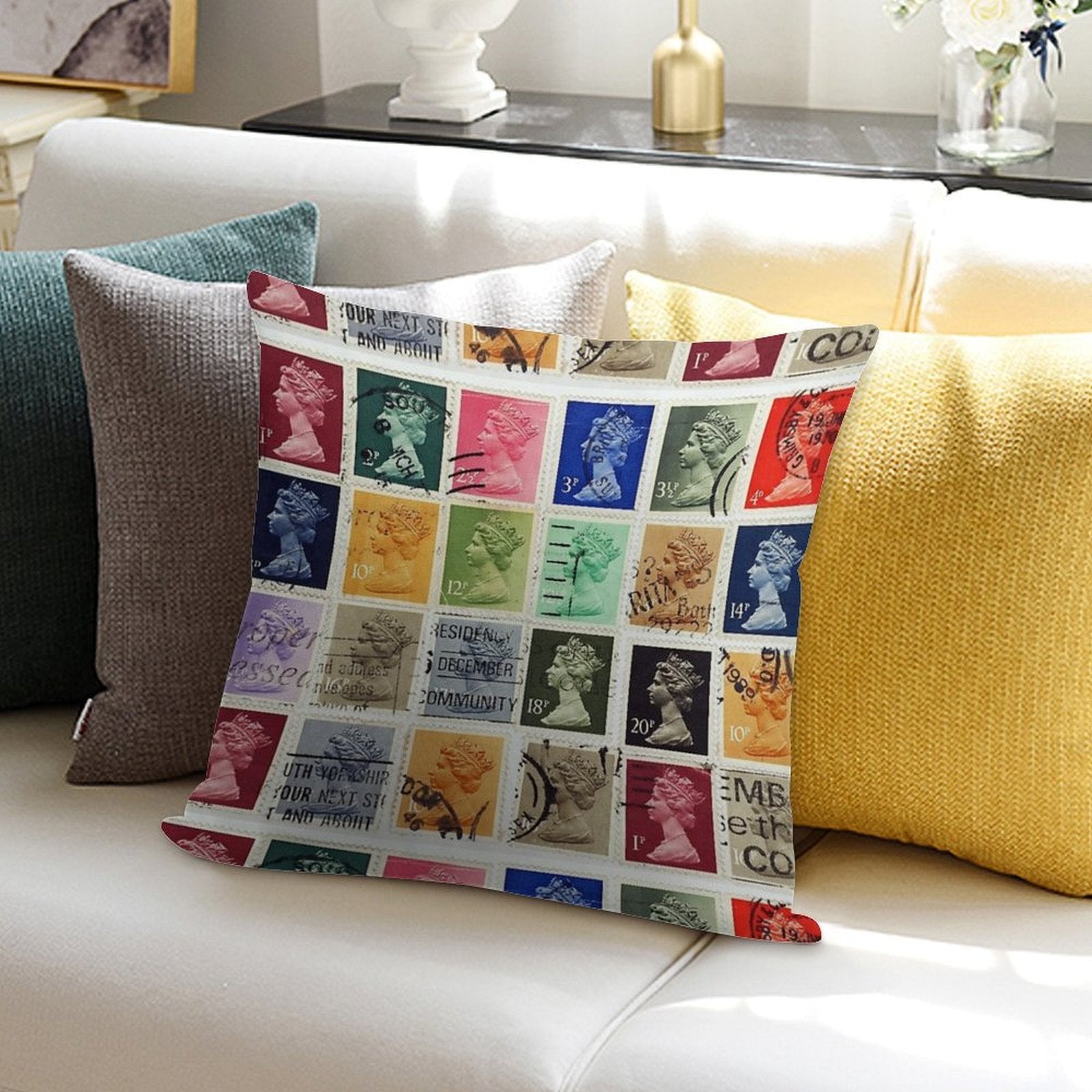 British Postage Stamps with A Queen Elizabeth Profile. Soft Luxury Feel Throw Pillow