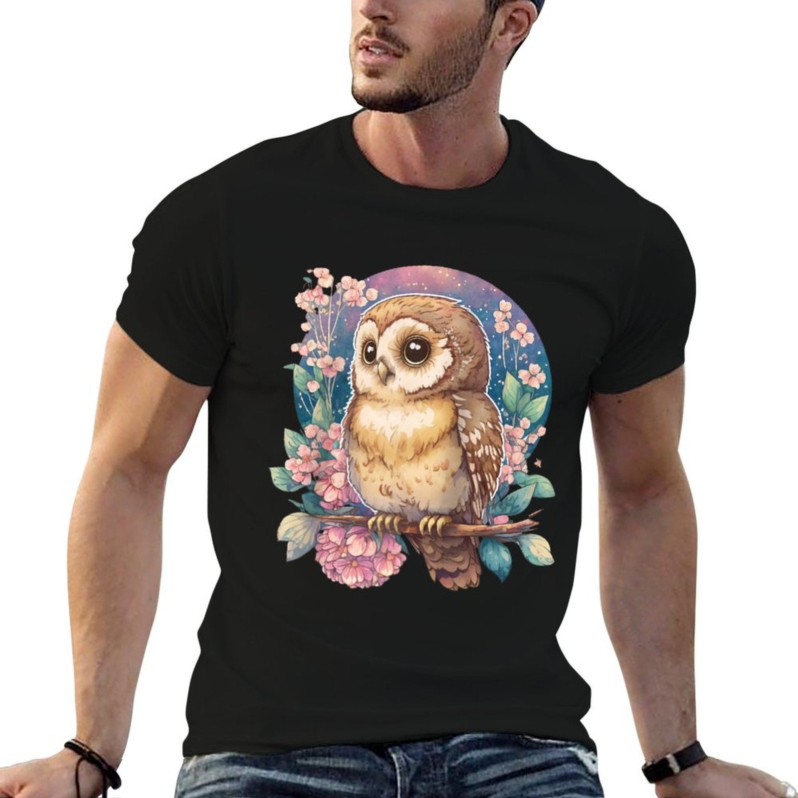 Owl & Blossoms Cute Watercolor Twilight Serenity Raglan Baseball  Easy-care T-Shirt