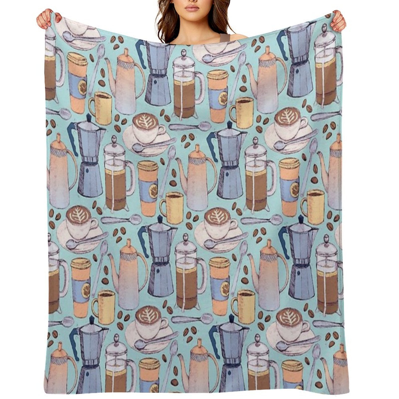 Coffee Love on Blue Shrink-resistant Throw Blanket