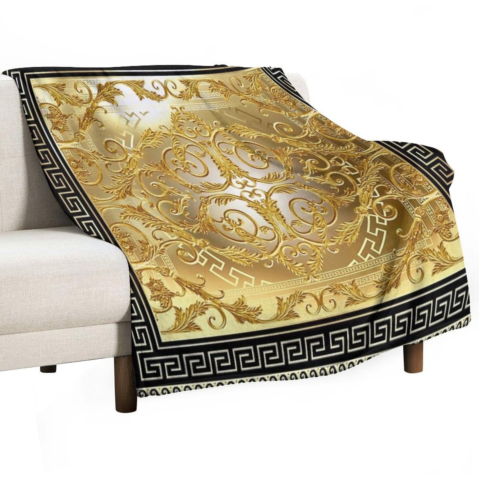 Ornate Baroque Gold Black Greek Keys Meander Sustainable Throw Blanket