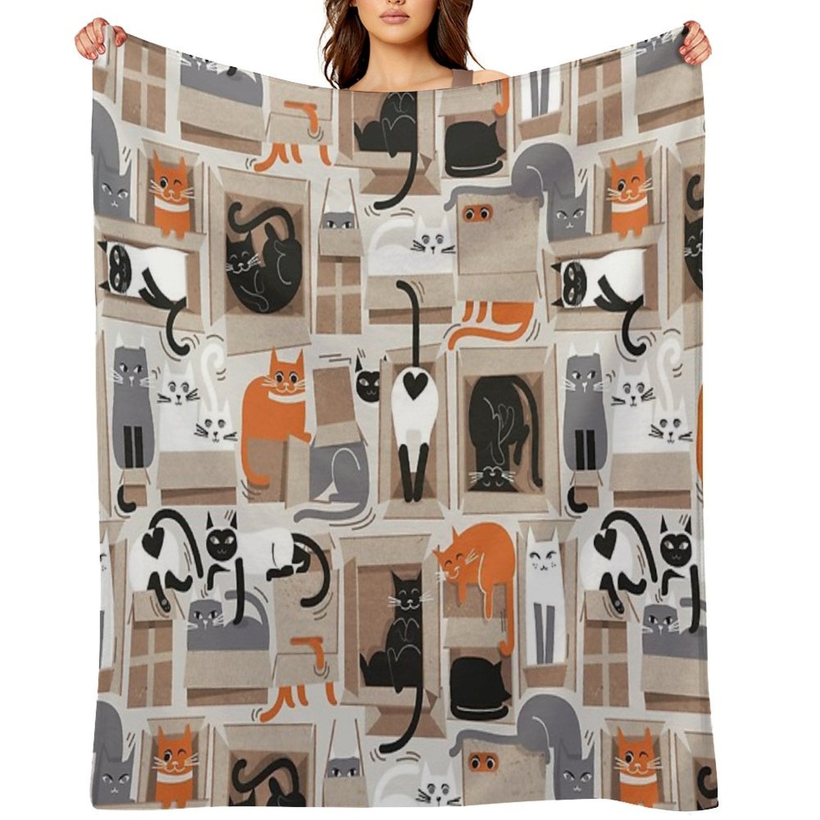 Purfect Feline Architecture  Beige Background Cute Cats in Cardboard Boxes Sustainable Throw Blanket