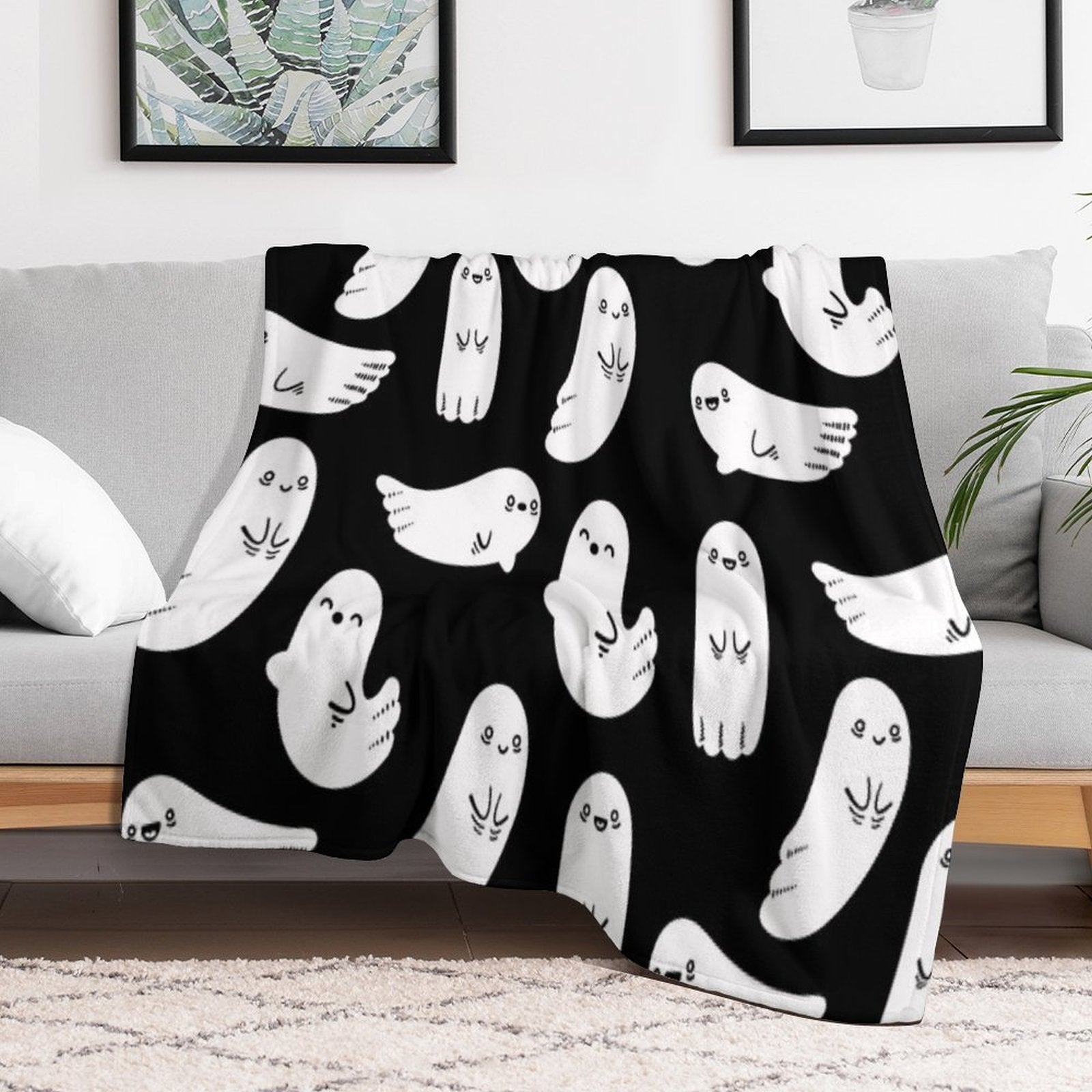 Cute And Spooky Black And White Ghosts Eco-conscious Throw Blanket