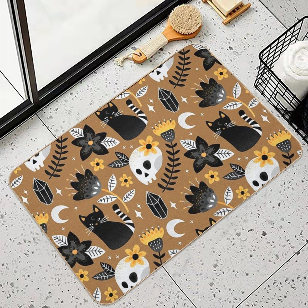 Black Cat And Floral Skull  Long-Lasting Bath Mat