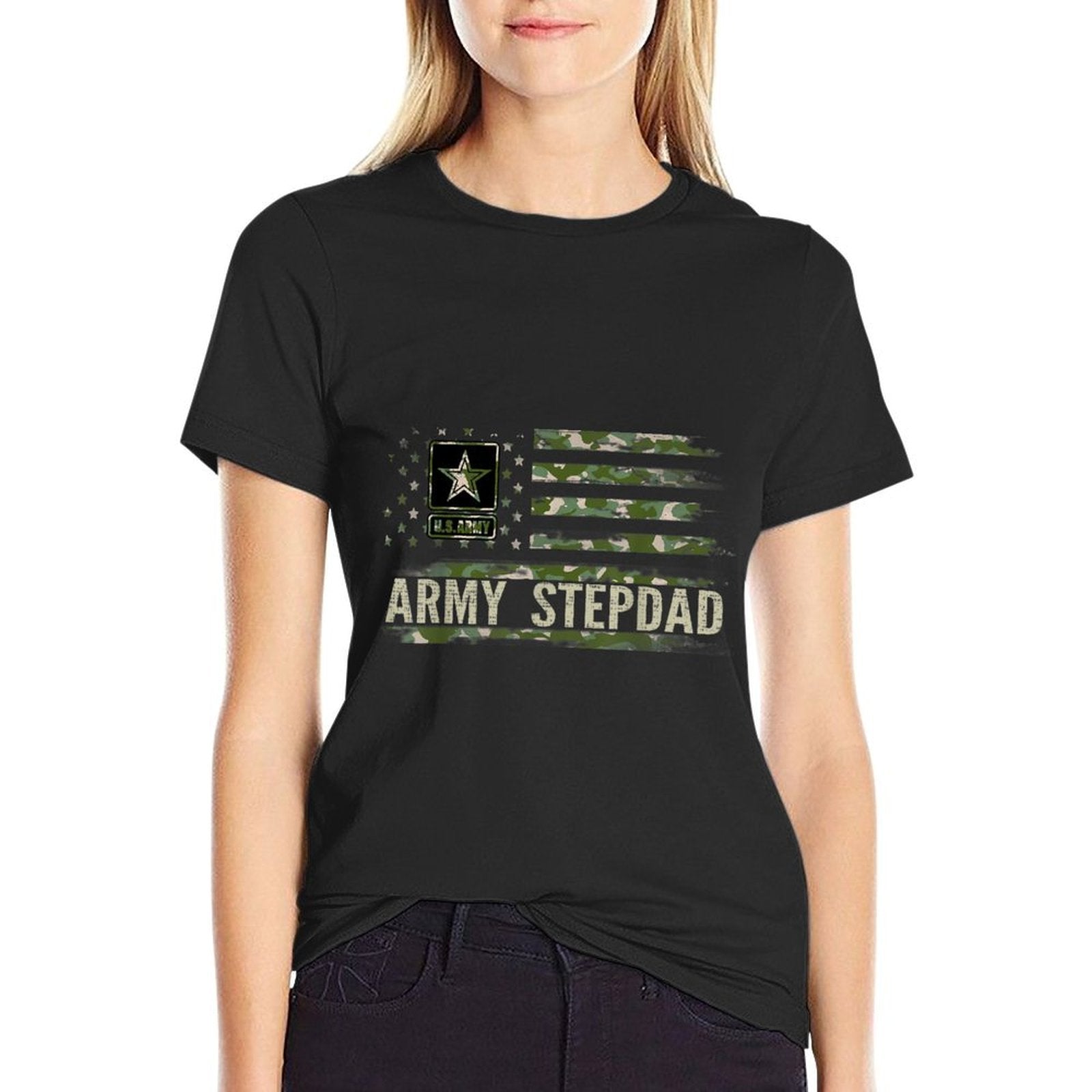 Vintage Army Stepdad With Camo American Veteran Gift  Summer-ready Fabric T-Shirt