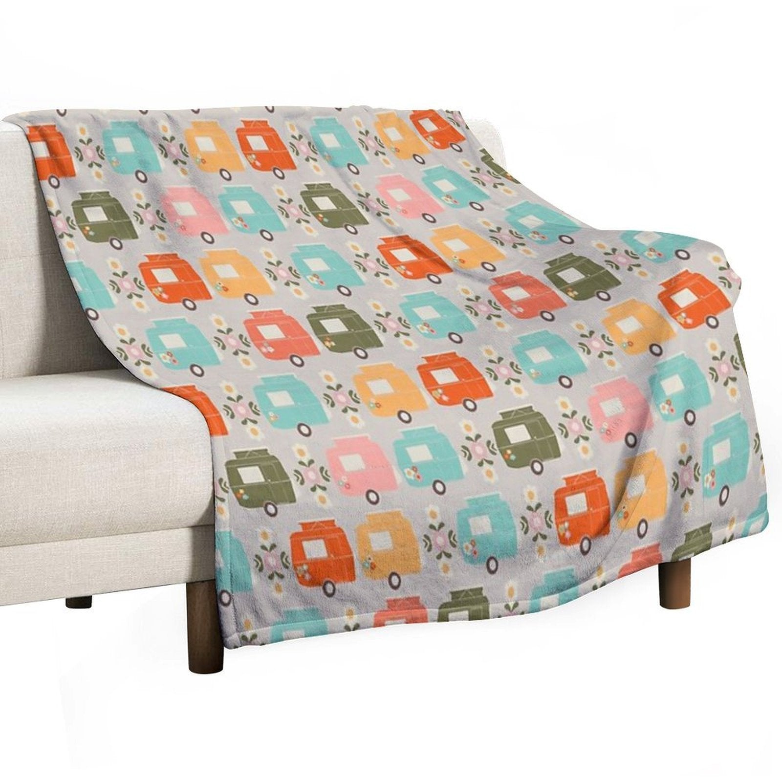 Colourful Vintage Caravans And Daisies Shrink-resistant Throw Blanket