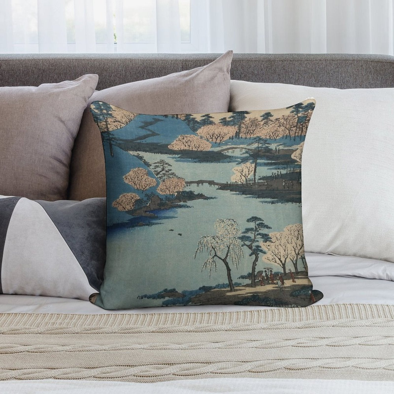 Vintage 1800's Japanese River Landscape Art Soft Gift Ready Throw Pillow