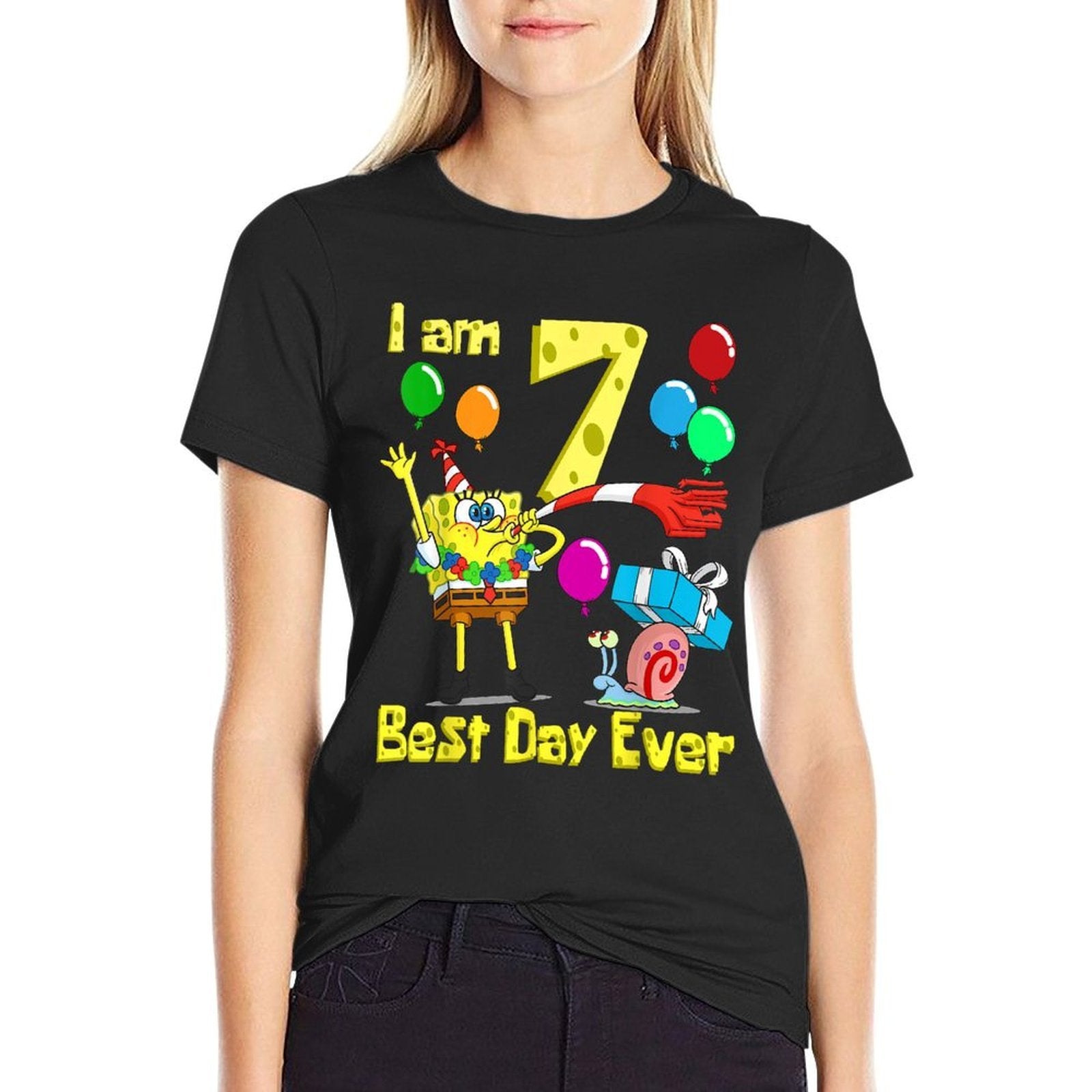 Mademark X SpongeBob SquarePants - SpongeBob I Am 7 Years Old Birthday Party  High-quality Stitching T-Shirt