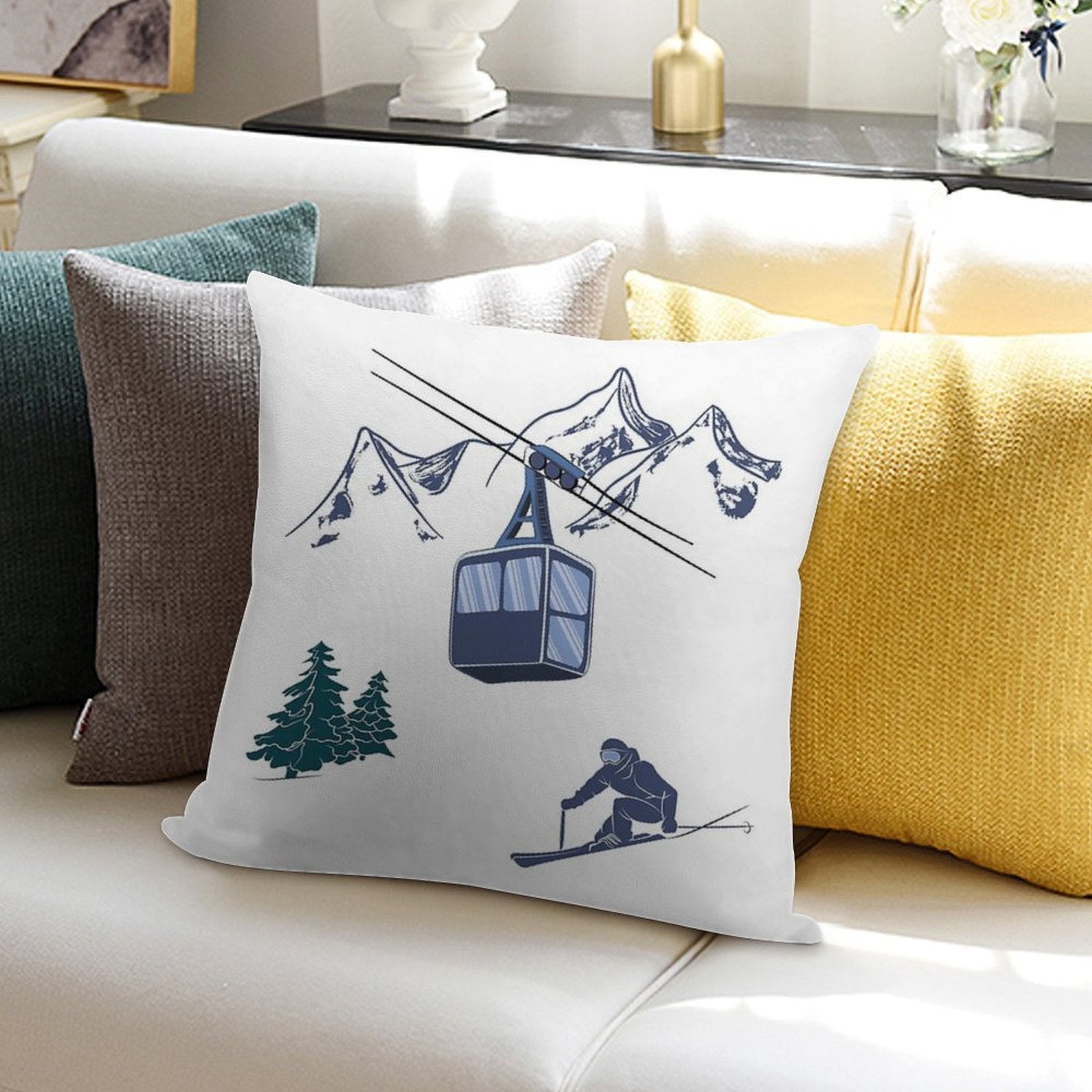 Ski Lift Resort Winter Sports Scene Soft Decorative Cover Throw Pillow
