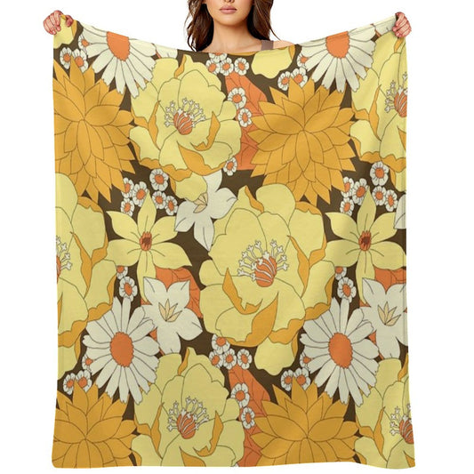 Yellow, Orange And Brown Vintage Floral Pattern Machine-washable Throw Blanket