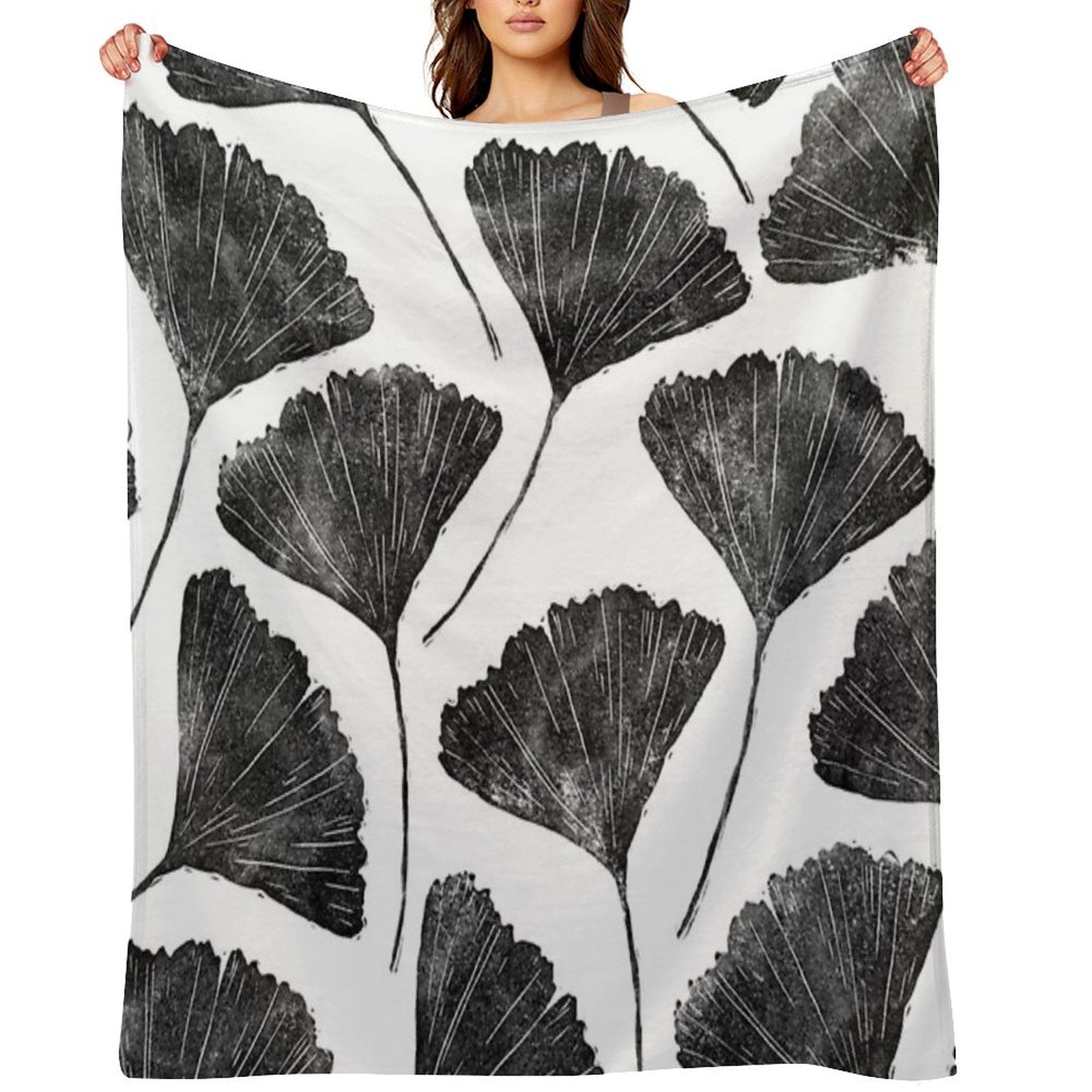 Ginkgo Biloba, Lino Cut Nature Inspired Leaf Pattern Gift-ready Throw Blanket