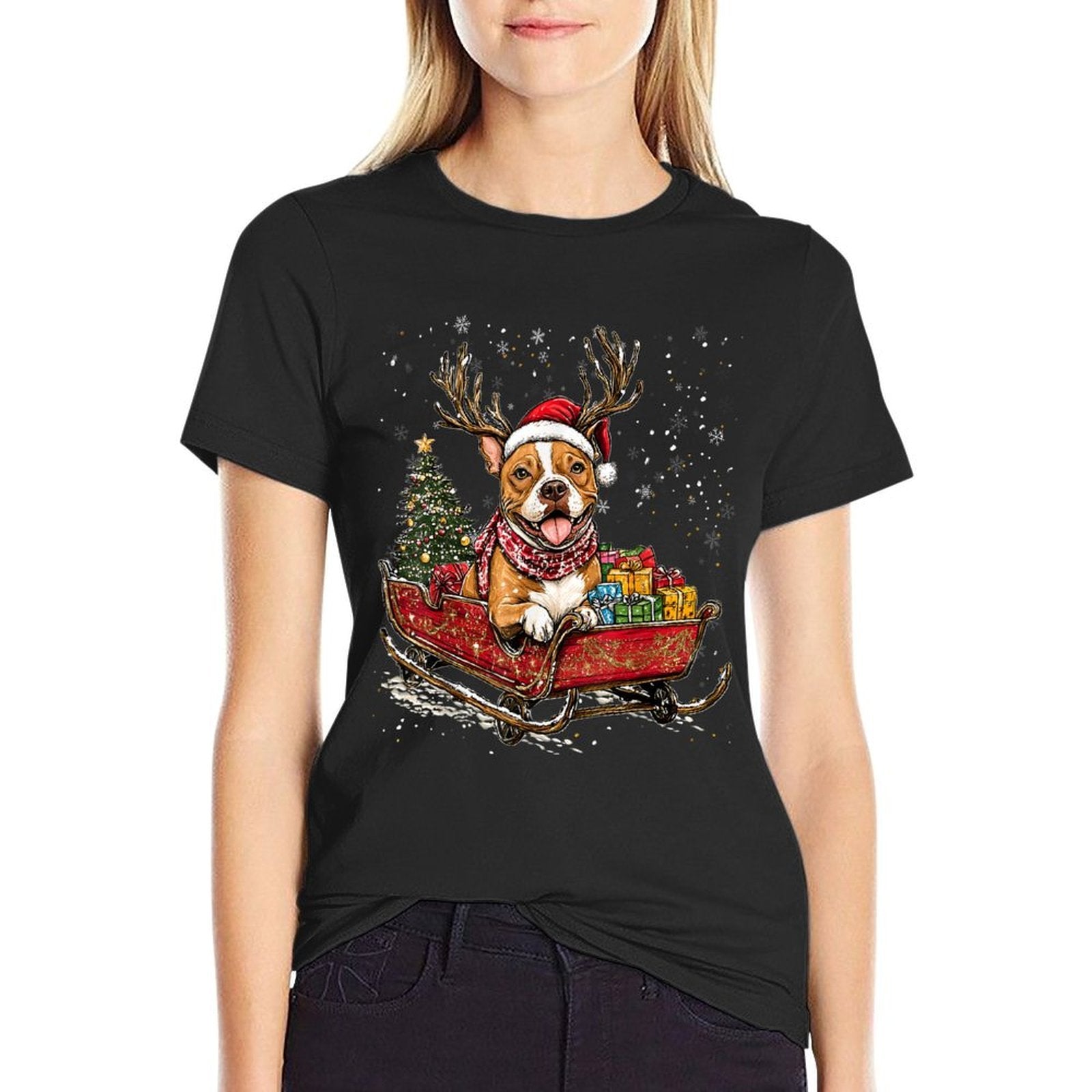 Santa Pitbull Reindeer Light Christmas  Trendy Pattern T-Shirt